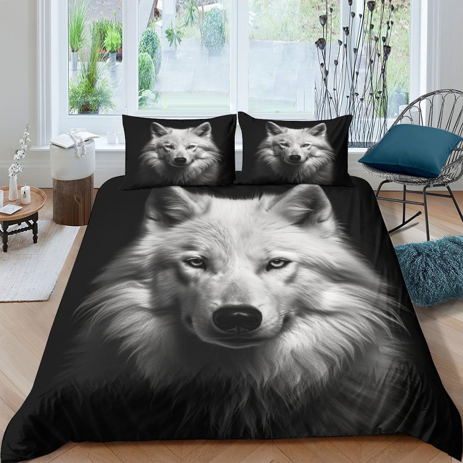 Housse de couette loup anti-plis literie douce lit 2 personnes