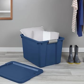 20 Gallon Large Blue Storage Bin, Secure Plastic Container with Latching Lid