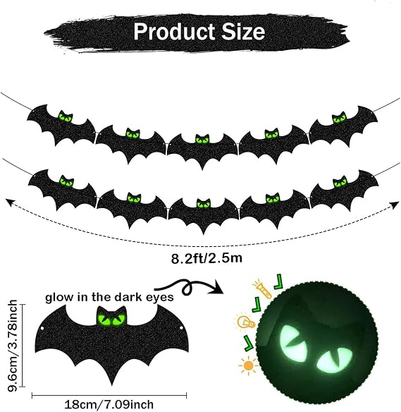 Halloween Banners - 8.2ft Festive Glitter,Glowing Black Bat Banner,for Store Window Street Party Porch Garden Outdoor Home Festival Event