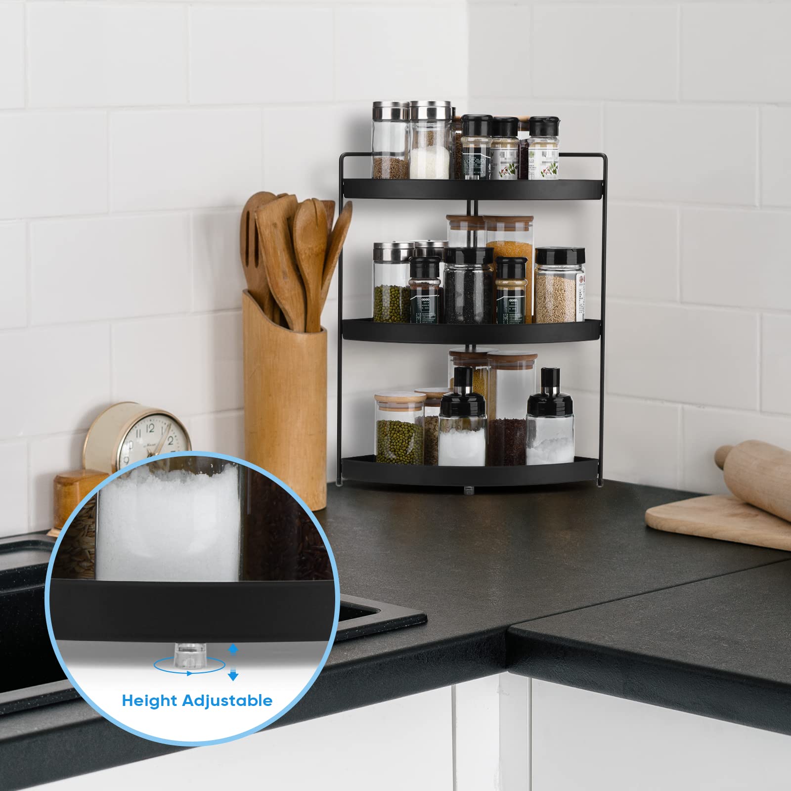 Estante de esquina de 3 niveles, organizador de especias para cocina, baño, encimera, bandejas de perfume para aparador, cosméticos, organización y almacenamiento, estantes de pie, soporte para