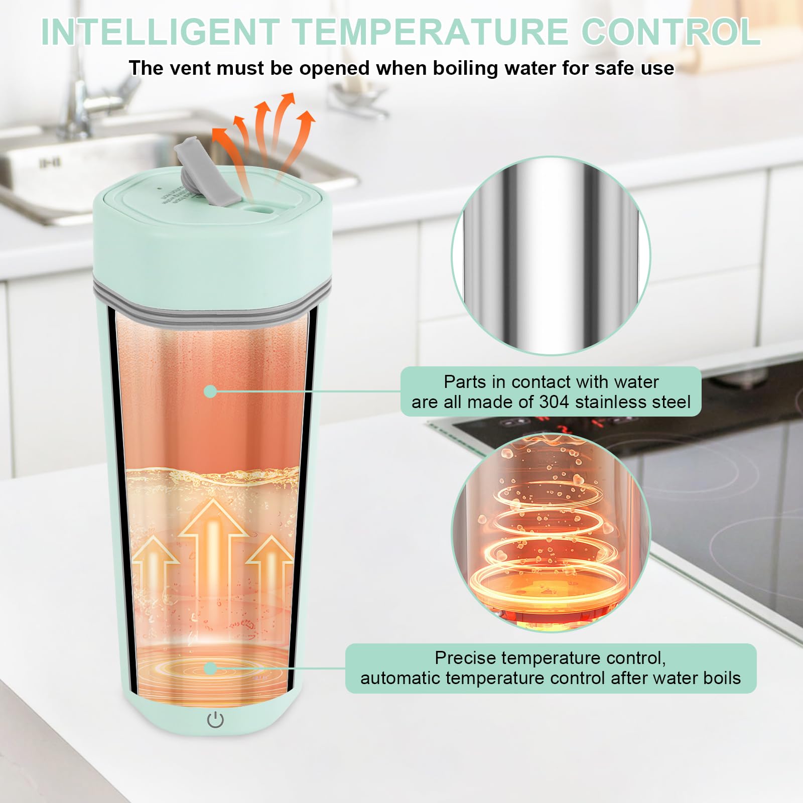 Pequeño Hervidor de Agua Portátil, 450ML Hervidor Agua Electrico Pequeño 6-Temperaturas, Calentador de Agua Portatil,Hervidor de Viaje 5 Minutos de Ebullición Rápida Hervidor
