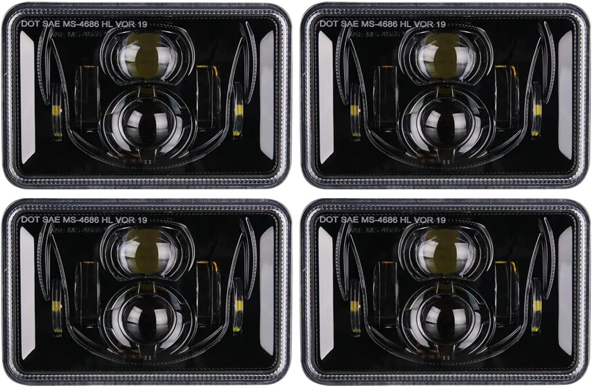 4x6 inch LED Headlights Rectangular Light Set, Compatible with H4651 H4652 H4656 H4666 H6545, for Peterbil Kenworth Freightinger Ford Probe Oldsmobile Cutlass, Black