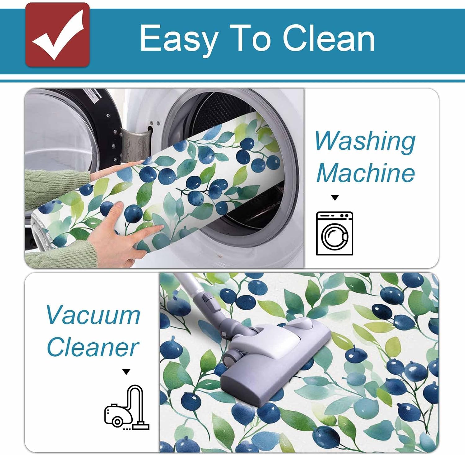 Prime Leader Blue Blueberry Kitchen Mat Set 2 Pieces Green Leaf Pastoral Plant Watercolor Non Slip Kitchen Rugs Washable Runner Rug Mats for Sink Laundry Office (19.7" x 31.5"+19.7" x 47.2")