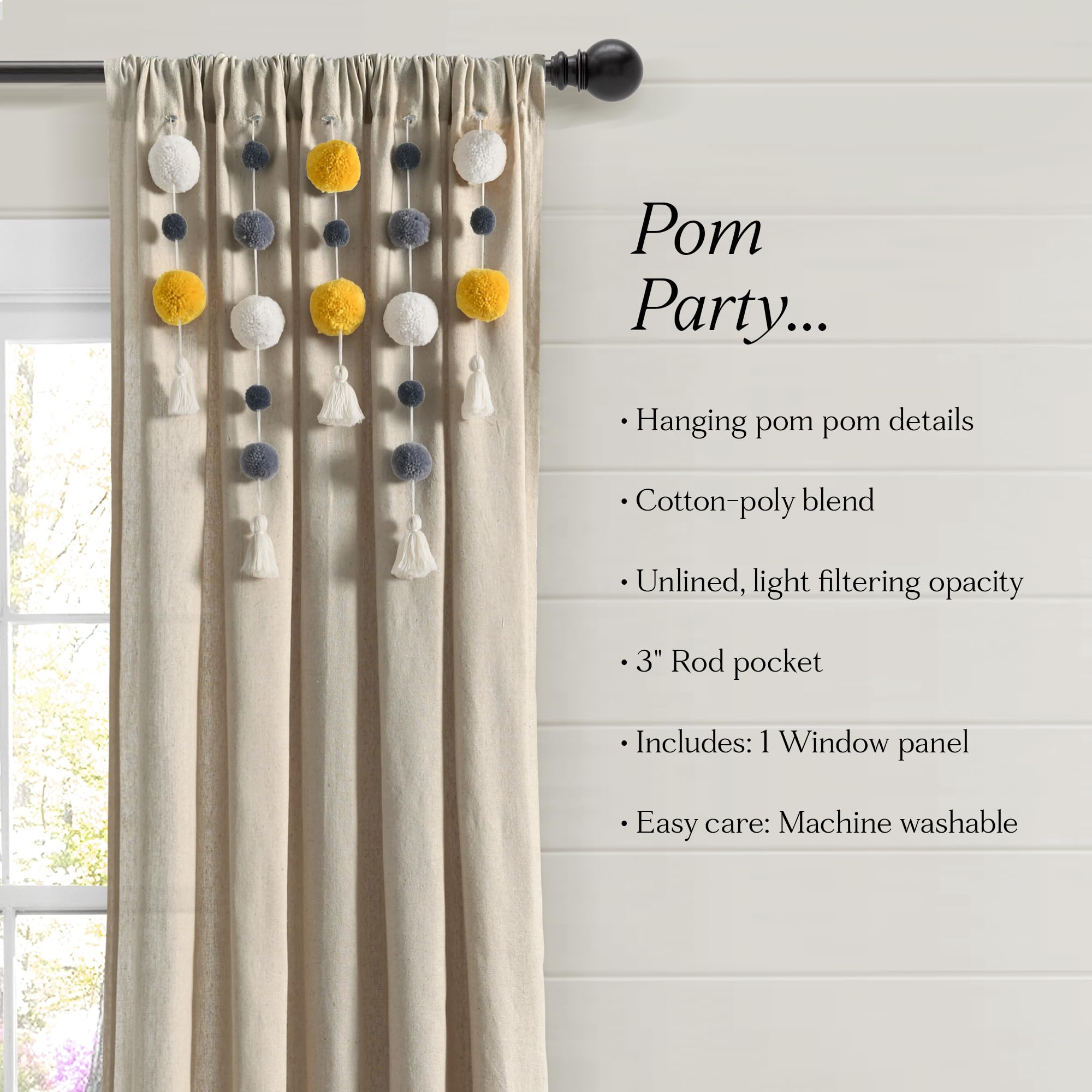 Lush Decor Tenda per finestra in lino con pompon bohémien (pannello singolo), 213,4 cm di lunghezza x 132,1 cm di larghezza, giallo e grigio