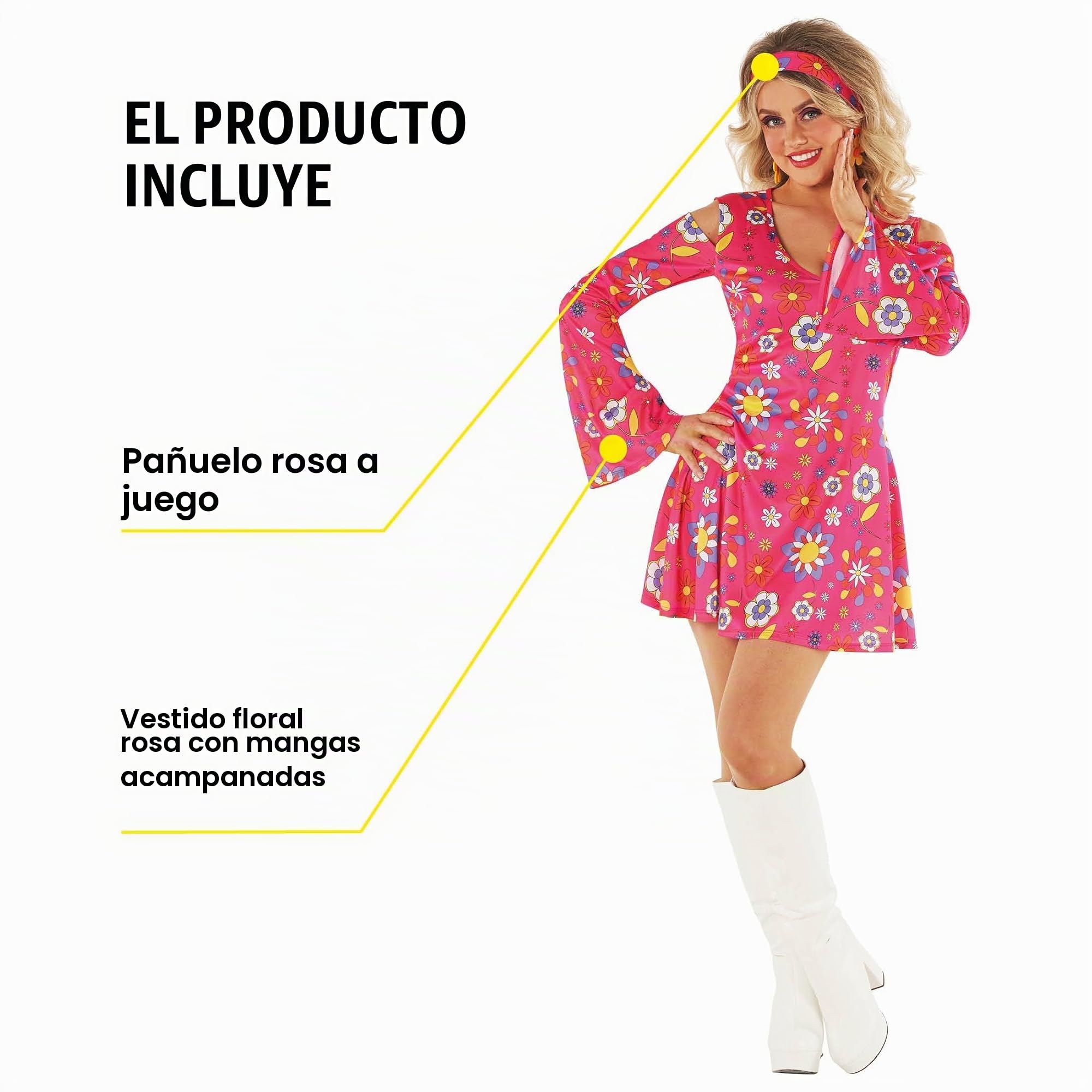 Morph Disfraz Hippie Mujer Adulto Vestido Floral Estampado Estilo Setenta Cinta Pelo Fiesta Carnaval Halloween