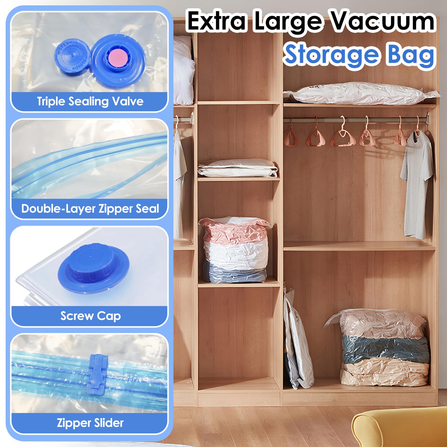 Sacchetti sottovuoto Extra Large (130x100cm) con pompa a mano per abbigliamento, piumoni, biancheria - Risparmia il 80% di spazio - Confezione da 4