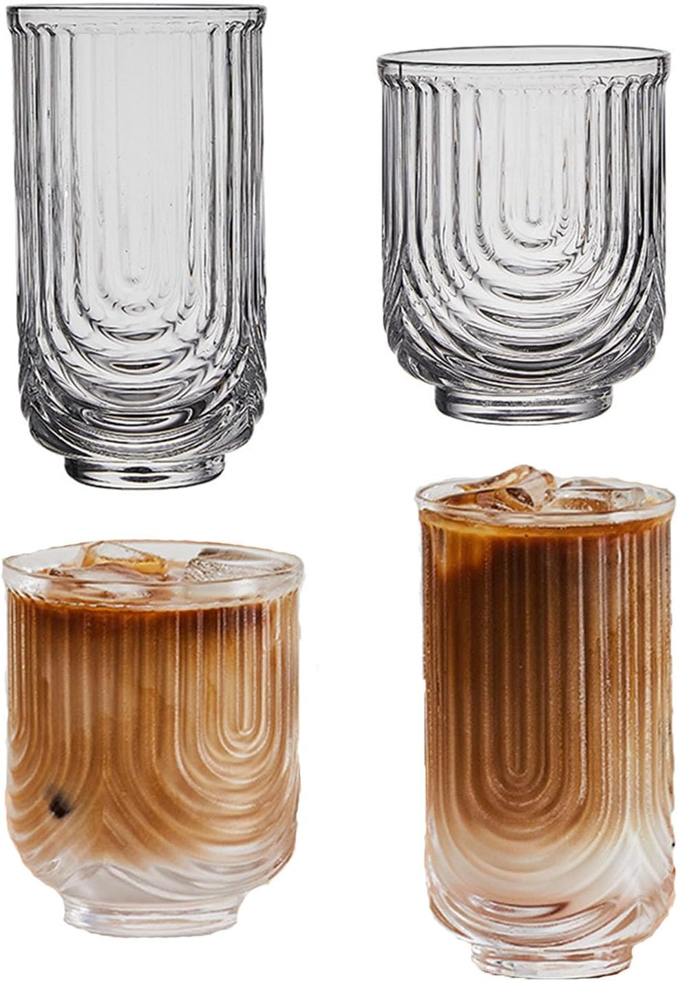 Coffee Mug,Crystal Drinking Glasses, U-shaped Ribbed Glassware Set of 4, Iced Coffee Cup, Vintage Glassware for Cocktail, Whiskey, Beer, Juice, Aesthetic Cup for Gifts