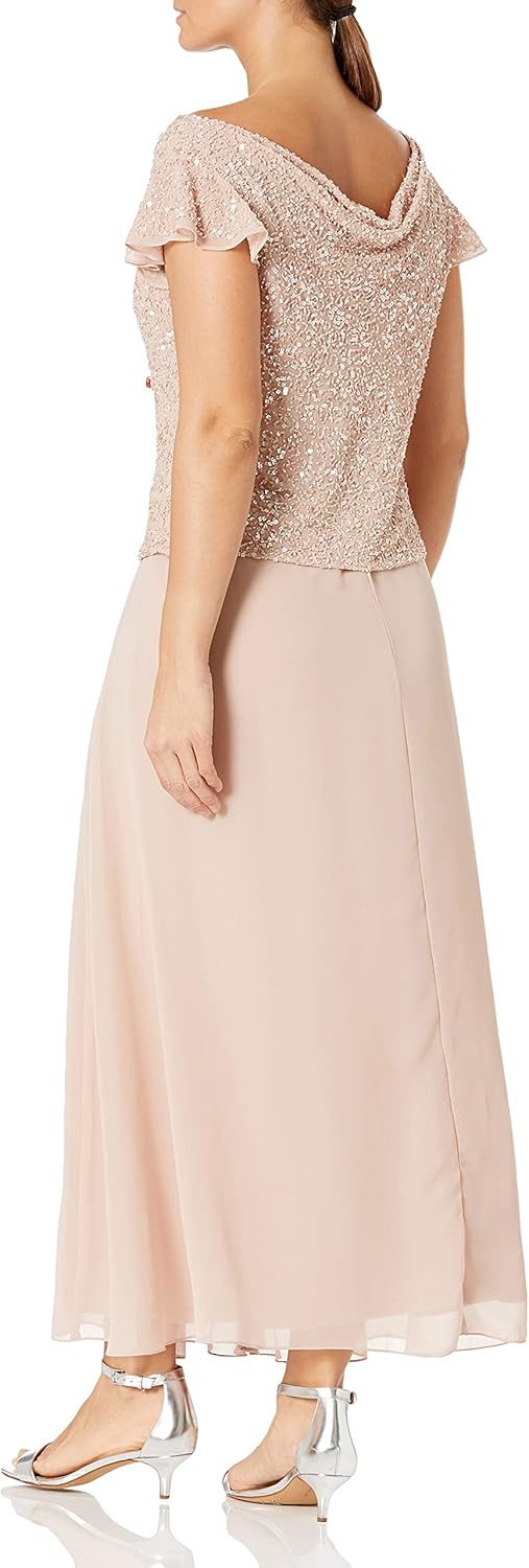 J Kara Womens Petite Long Beaded Cowl Neck Flutter Sleeve Gown Dress - Image 2