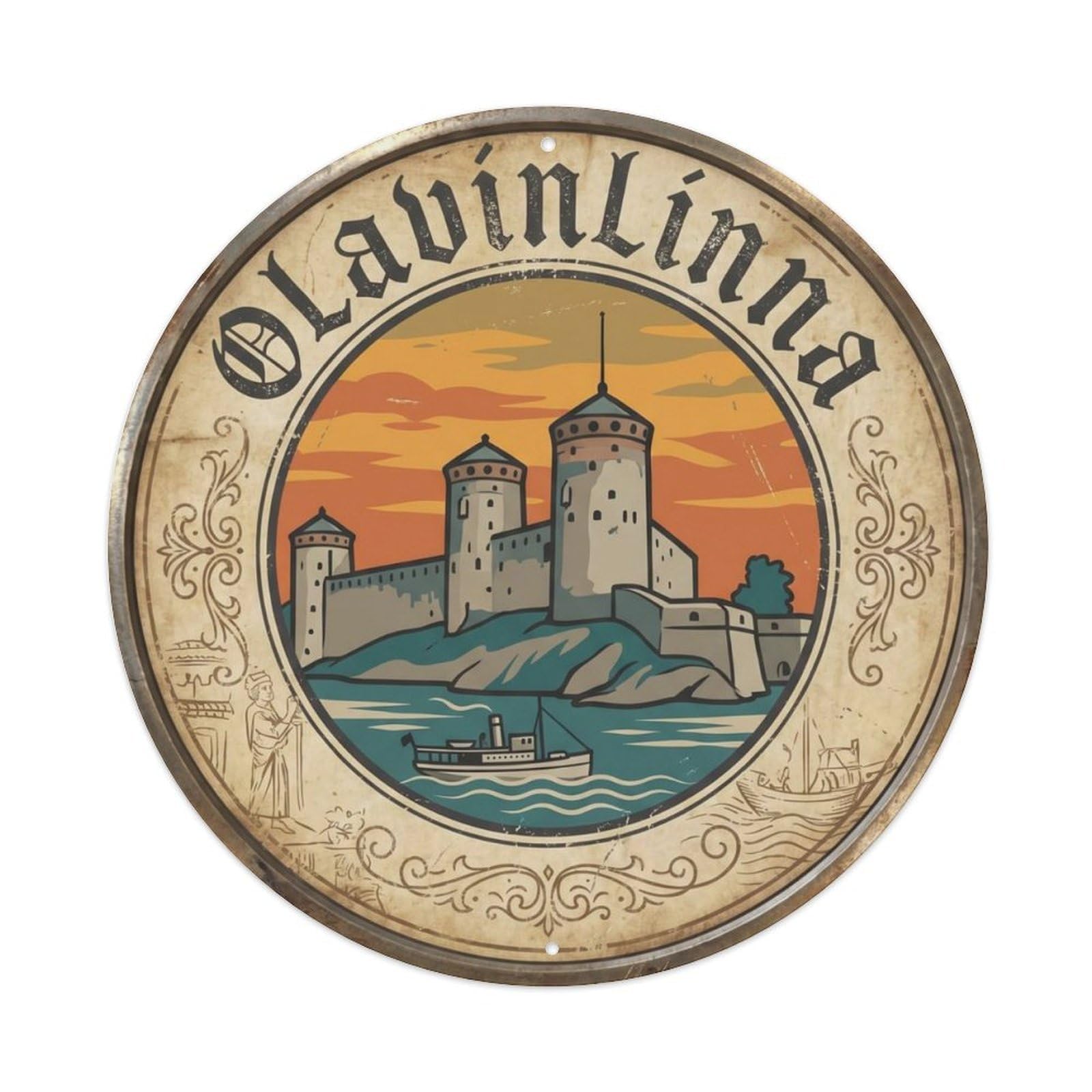 Vintage Travel Olavinlinna Castle Finland Metal Tin Sign Plaque Wall Decor for Cafe, Club Bar, Office, Home Garden Round Metal Poster 8x8Inch