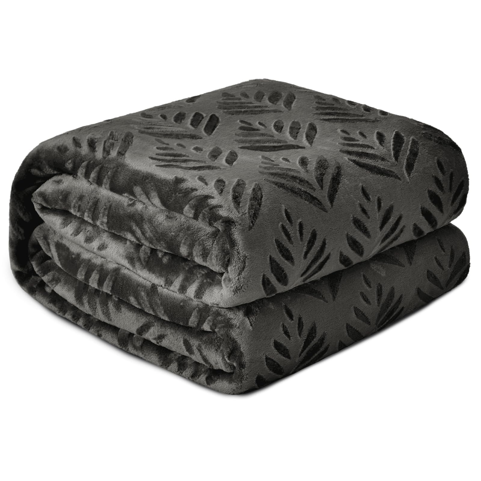Exclusivo Mezcla King Size Fleece Blanket for Bed, Super Soft and Cozy Blankets All Season Use, Leaves Pattern, Plush Fuzzy Lightweight, Dark Grey,