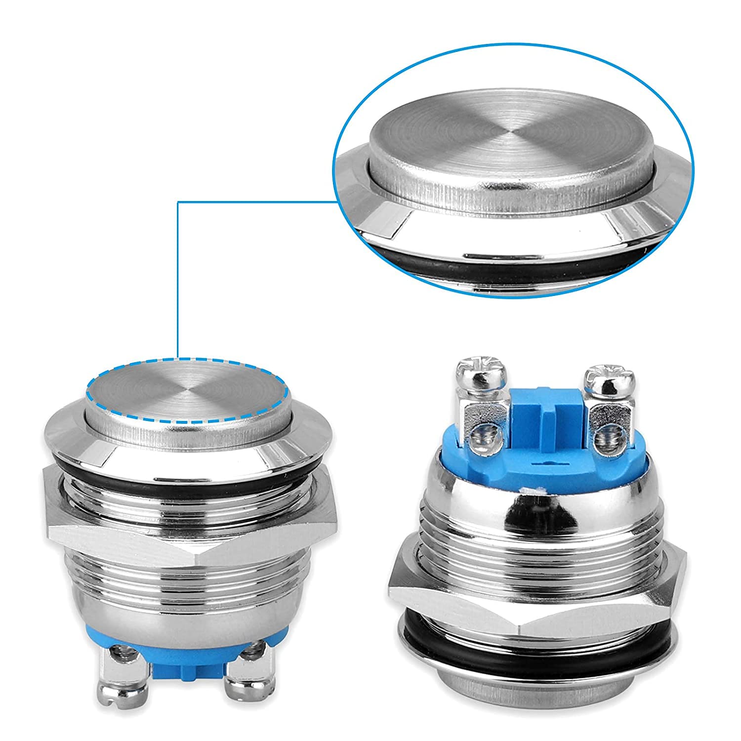 GUUZI 5pcs Pulsadores Momentáneos Impermeables de 22mm 5A 12V/24V/125V/250VAC con Terminales de Tornillo, Pulsador de Acero Inoxidable (Cabeza Alta)