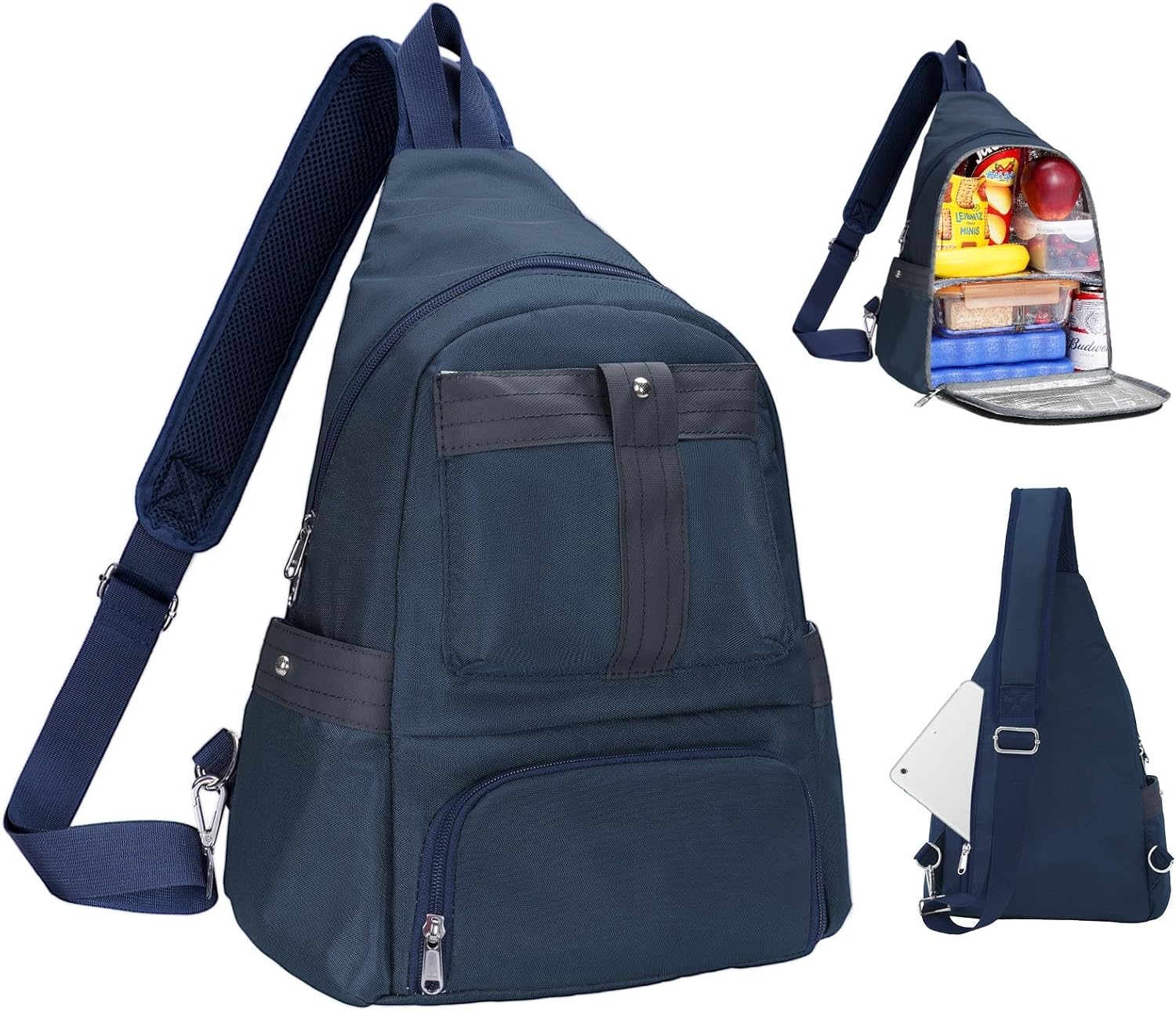 Crossbody Lunch Backpack, Double Deck Insulated Lunch Box for Men Women Adult, Leakproof Lunchbox with Side Pokets for iPad, Large Cooler Bag for Work Office Hiking Beach Picnic, Blue