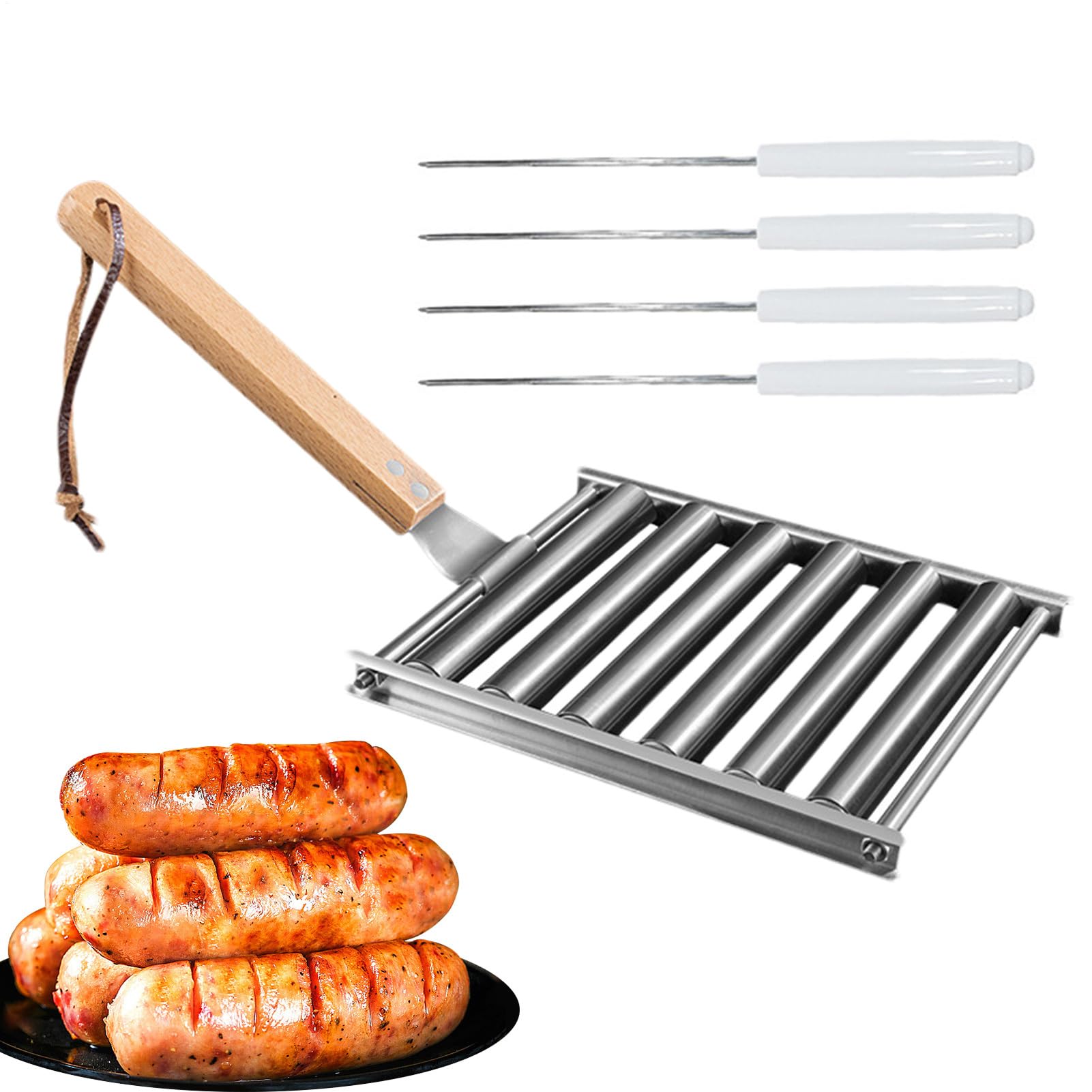 Rouleau à saucisses pour barbecue accessoire hot dog acier inoxydable et bois camping
