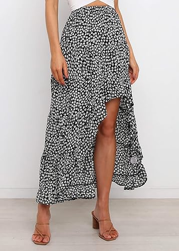 Miniatura 2 de BTFBM - Vestido largo bohemio para mujer, con estampado floral, cintura elástica, volantes y dobladillo asimétrico, falda larga para la playa