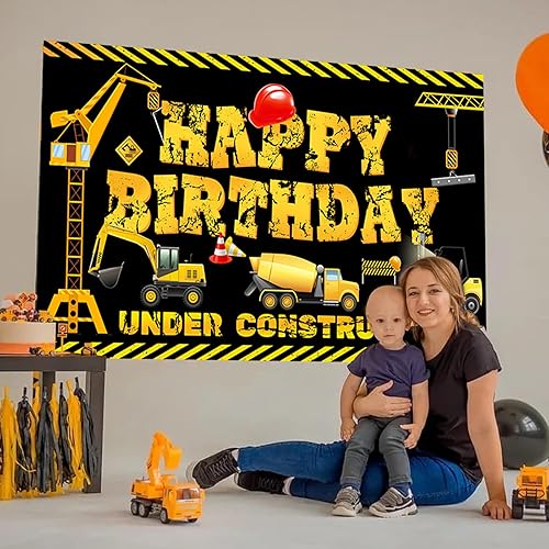 Miniatura 2 de Cartel de construcción con texto en inglés Happy Birthday para niños y niños, diseño de camión volquete de construcción con temática de cumpleaños,