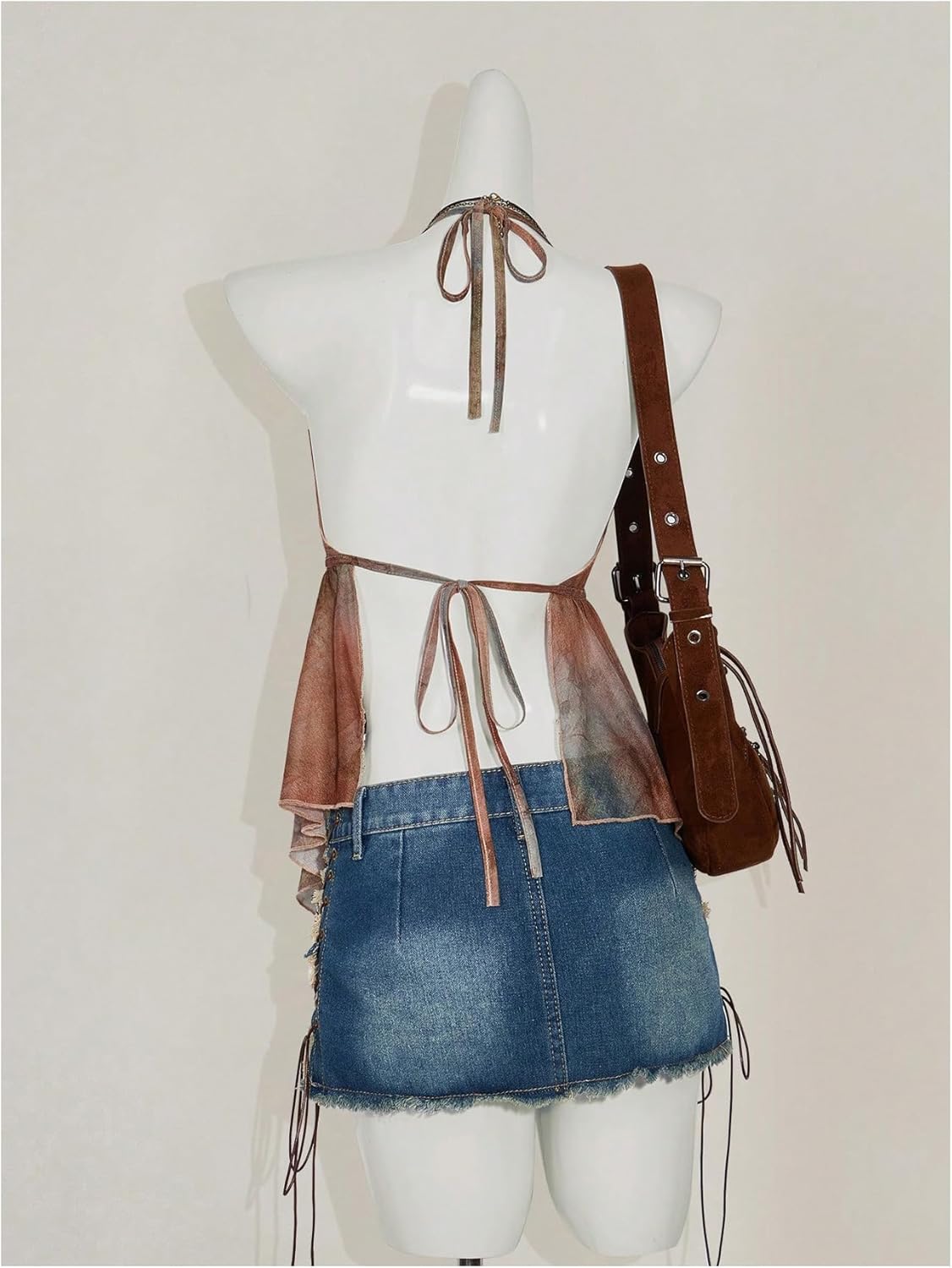 MakeMeChic Women's Summer Party Y2K Mesh Sheer Tie Dye Halter Cami Top Open Back Ruffle Crop Tops - Image 2