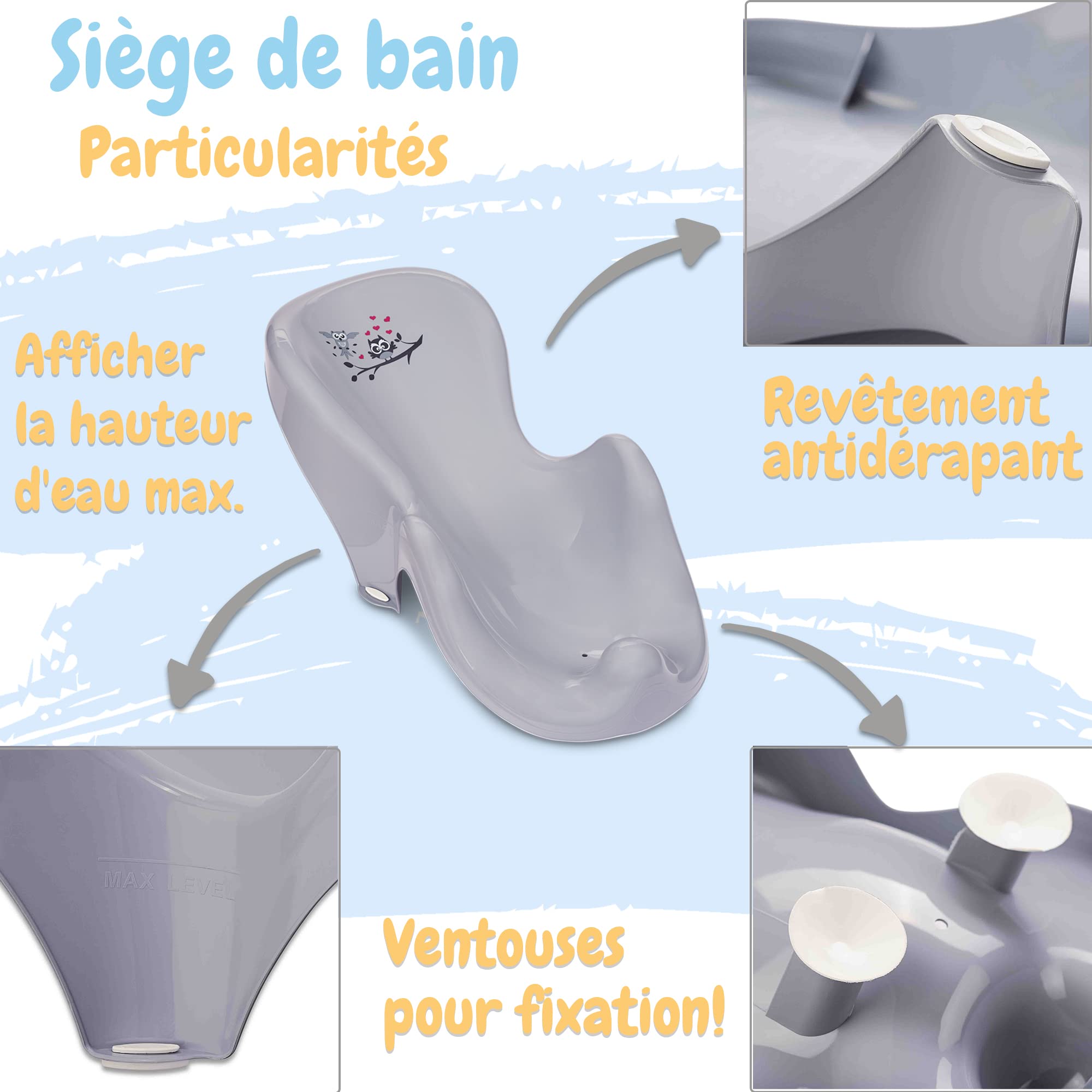 Lot de 4 baignoires pour bébé, siège de bain, bonde et structure certifiées TÜV Rheinland
