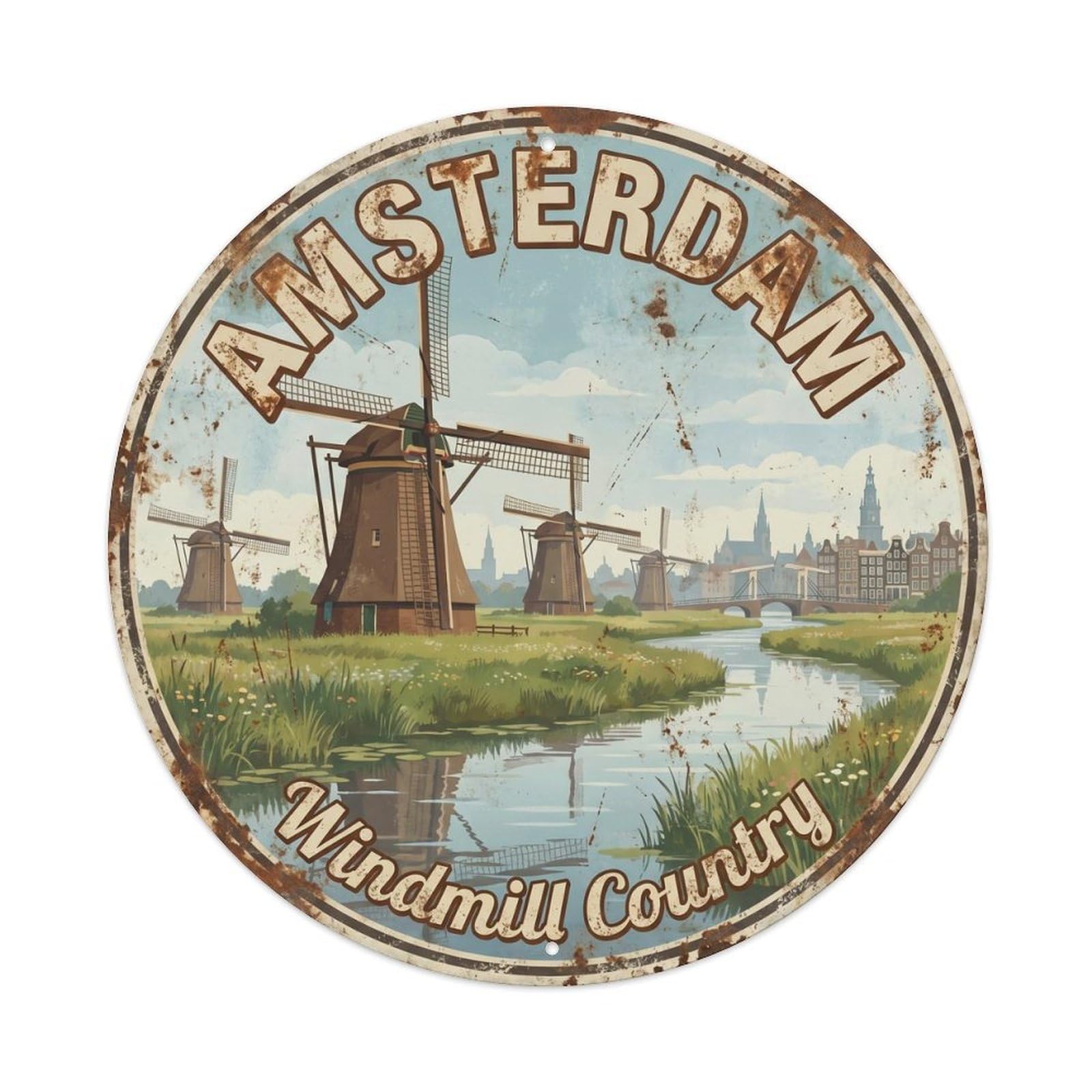 Vintage Travel Amsterdam Windmill Field Metal Tin Sign Plaque