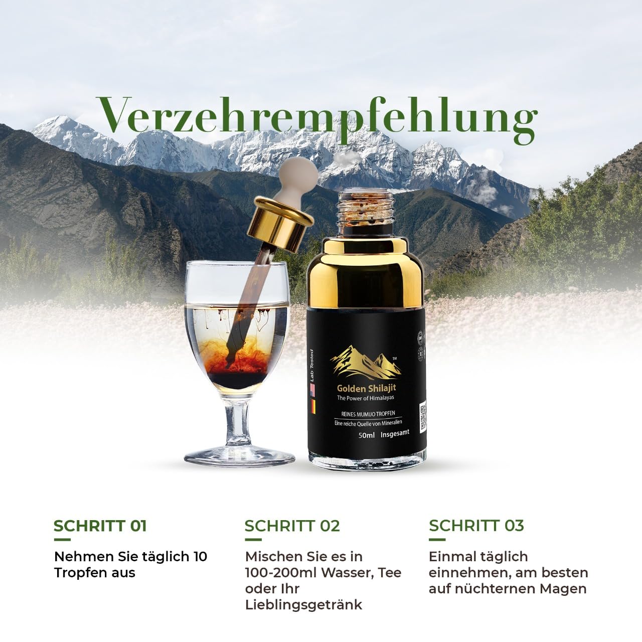 Goldene Shilajit-Tropfen 50 ml Flüssiges Himalaya-Mumijo-Shilajit 100-Tage-Vorrat Komplex mit über 85 Mineralien&Spurenelementen Fulvinsäure und Huminsäure Rein natürlich Vegan Laborgeprüft