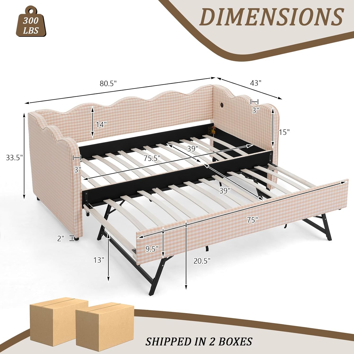 80.5" Daybed with Trundle, Gingham Twin Size Day Bed Frame with USB Charging Ports Modern Upholstered Sofa Bed for Living Room Bedroom Guest Room, Pink