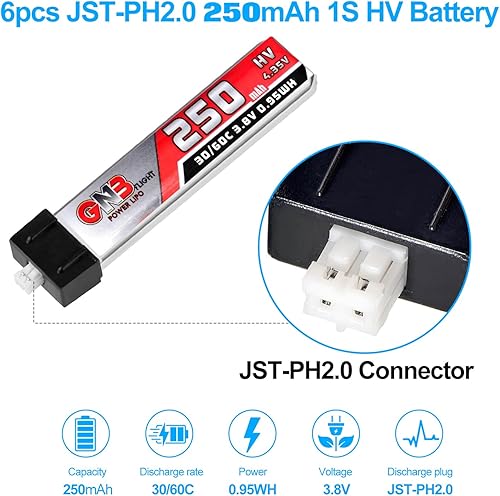 Miniatura 2 de 6pcs 250mAh 1S Lipo Batería 3.8V4.35V 30C60C LiHV Batería con JST-PH2.0 Conector para Tiny Whoop Micro FPV Racing Drone