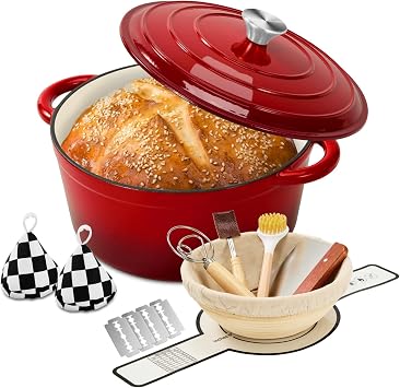 Enameled Cast Iron Dutch Oven pot 6.5 QT with Lid for Bread Baking | Cookware incl. Sourdough Bread-Baking Supplies like Banneton, Dough Whisk, Gloves, Oven Safe for Stews, Roasting, Cherry Red
