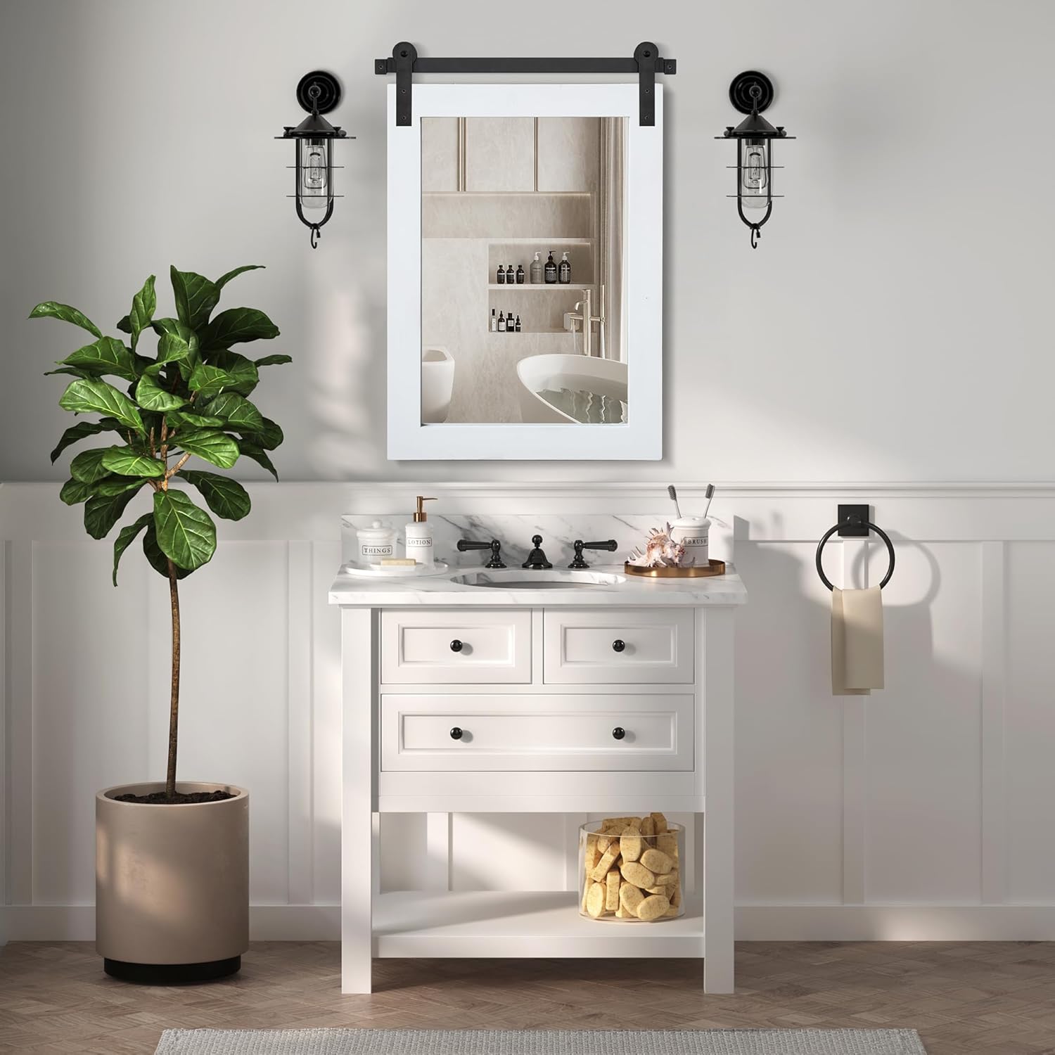 cogood farmhouse barn door mirror - 21 x 30 rustic wood framed wall mirror for bathroom, living room, entryway wall decor (pure white) pure white 30"l x 21"w