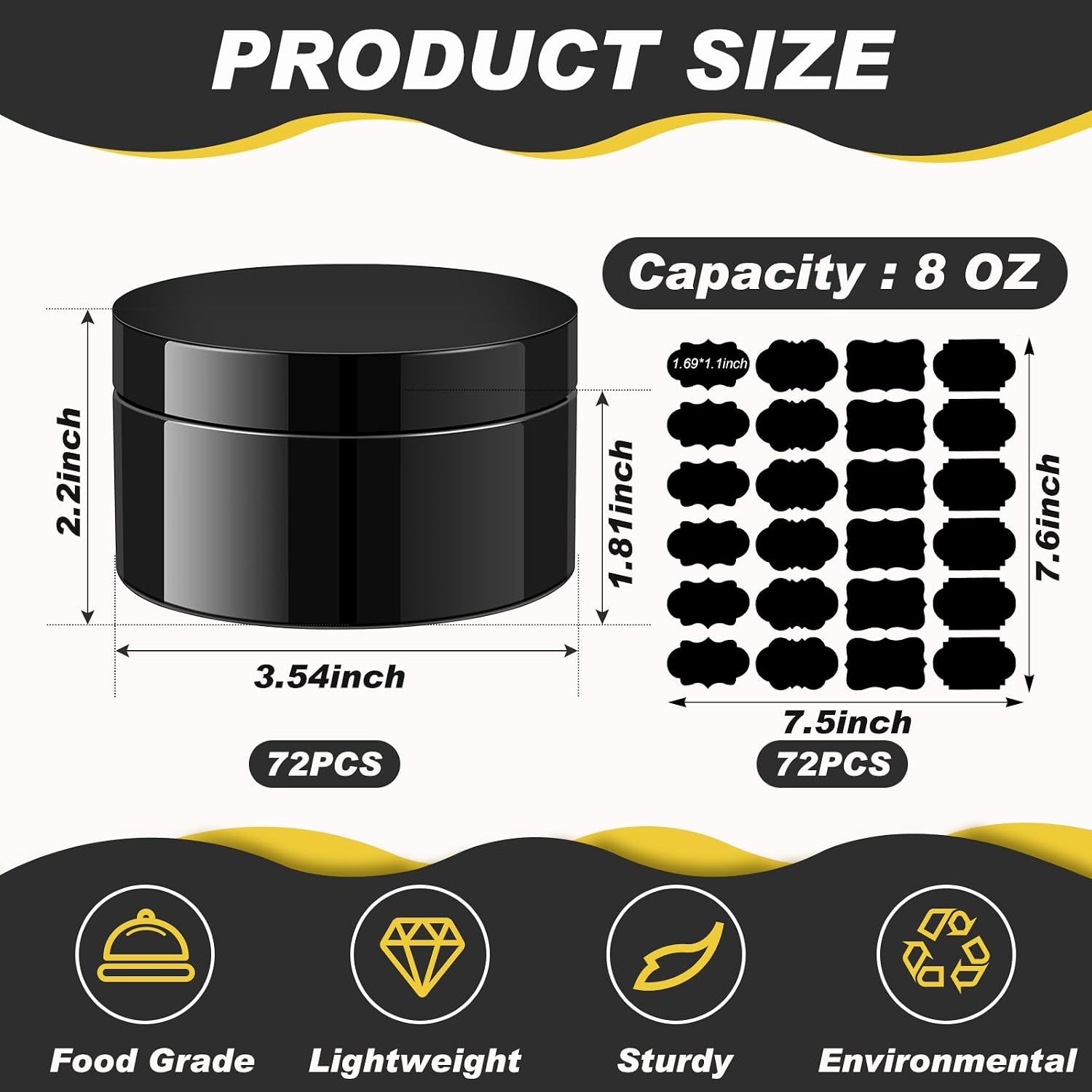 Dandat 72 Pcs 8 oz Plastic Jar Container with Lid and Label Refillable Empty Round Black PET Cosmetic Sample Slime Containers for Lotion, Cream, Ointments, Body Butter, Makeup, Travel Storage