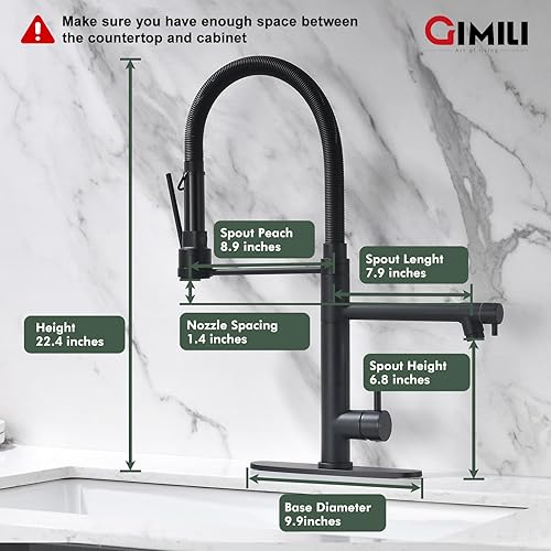 Miniatura 2 de GIMILI Grifo de fregadero de cocina negro de doble caño comercial con rociador desplegable