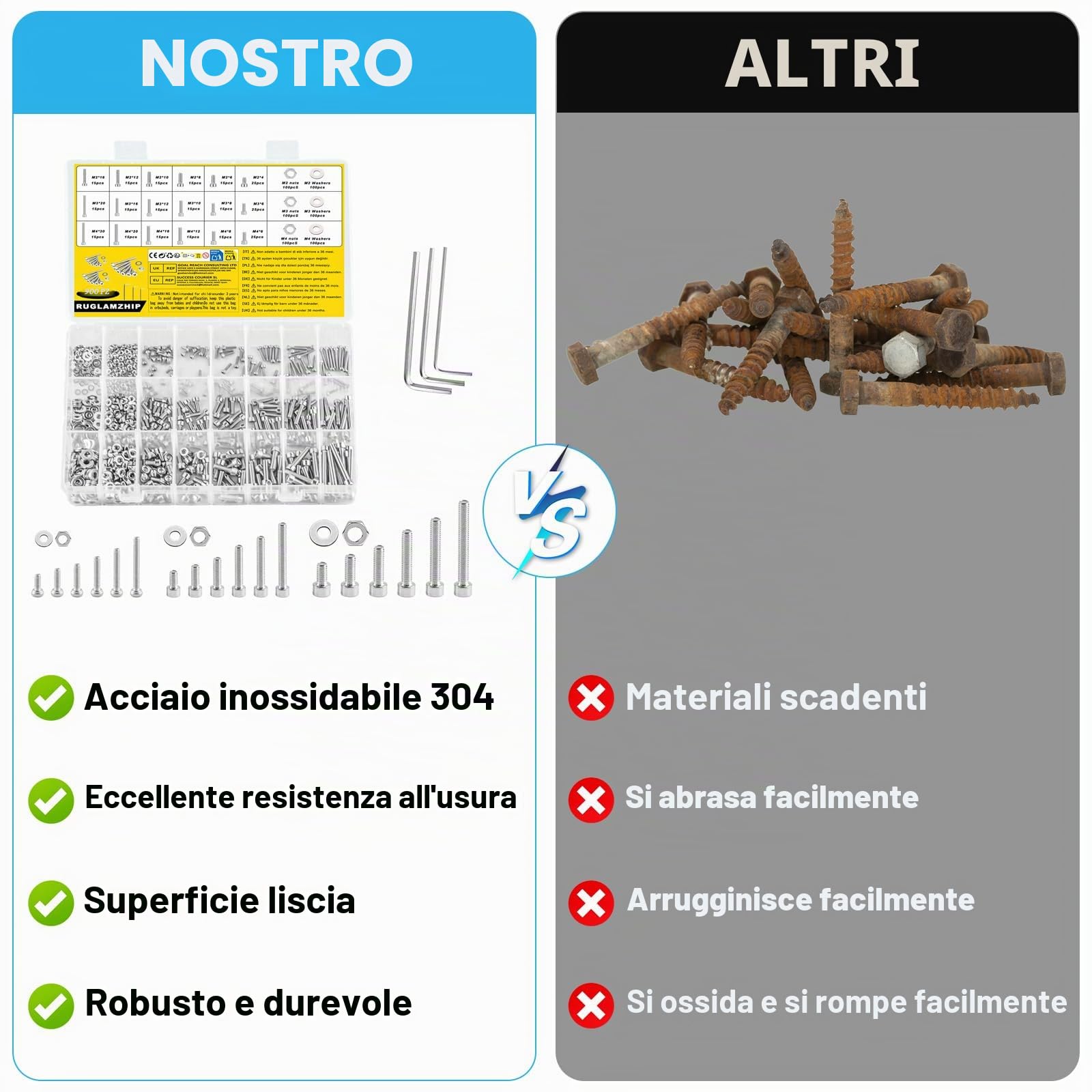 Set di Viti M2 M3 M4 Brugola, Bulloni Esagono Incassato e Dadi Rondelle Acciaio Inox 900 Pezzi