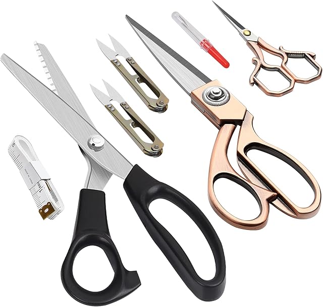 ECOSI Fabric Dressmaking Scissors Pinking Shears Sewing Tailor Scissors Set Crafts Zig Zag Cut Scissors Handicraft Scissors Embroidery Scissors Thread Snips Seam Ripper Measuring Tape (7pcs)