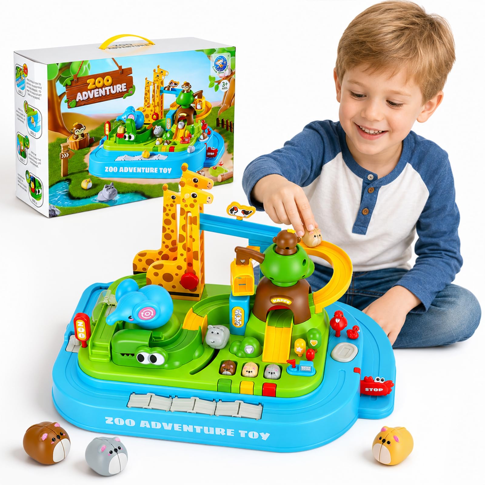 Juego de coches de aventura en pista de carreras de automóviles: vehículos magnéticos para hámsters – 20 etapas de aventura de parque de animales sin baterías, juguete educativo mecánico STEM para