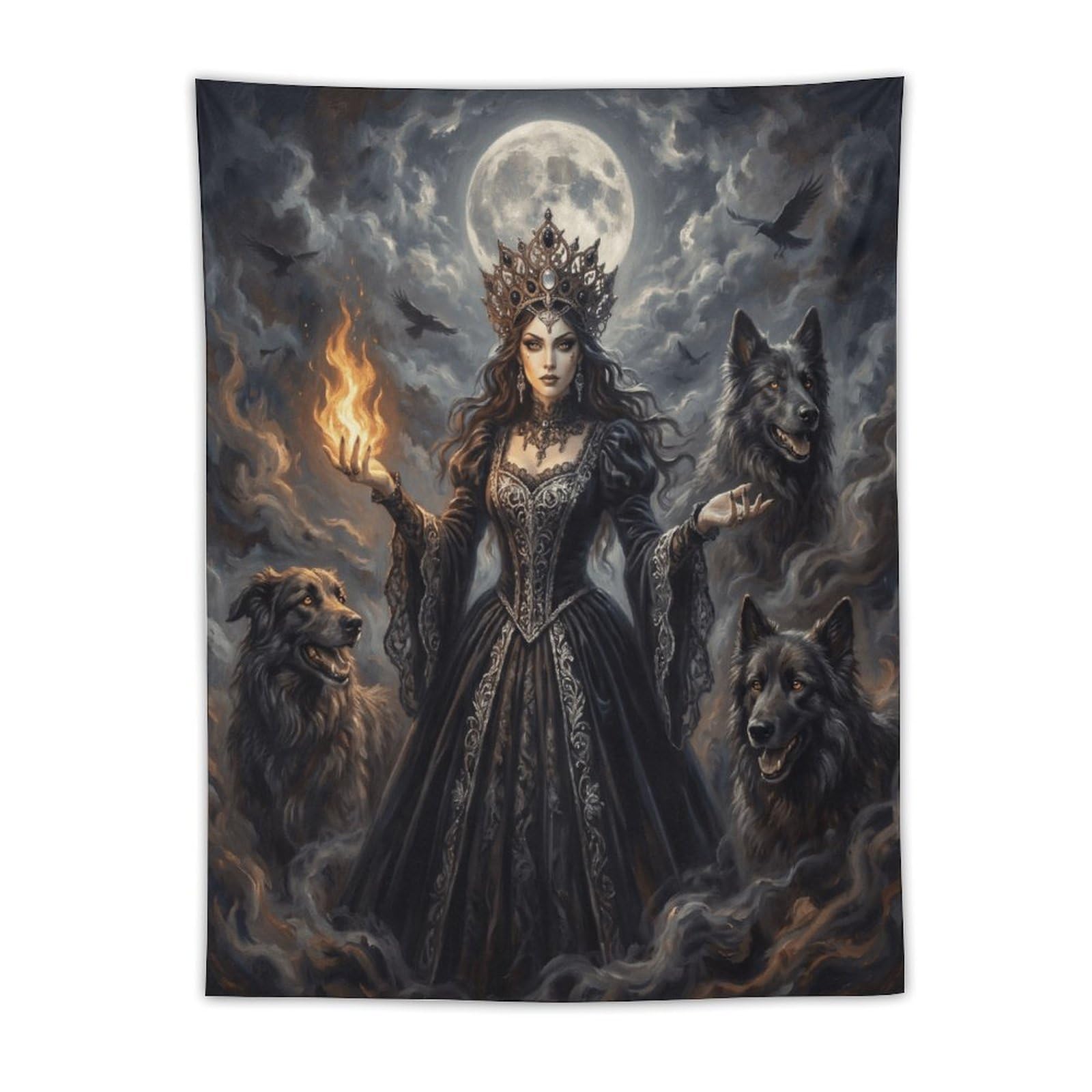 W7C8U2X3 Wolf Goddess Sacred Fire Wall Tapestry, Realistic Illustration