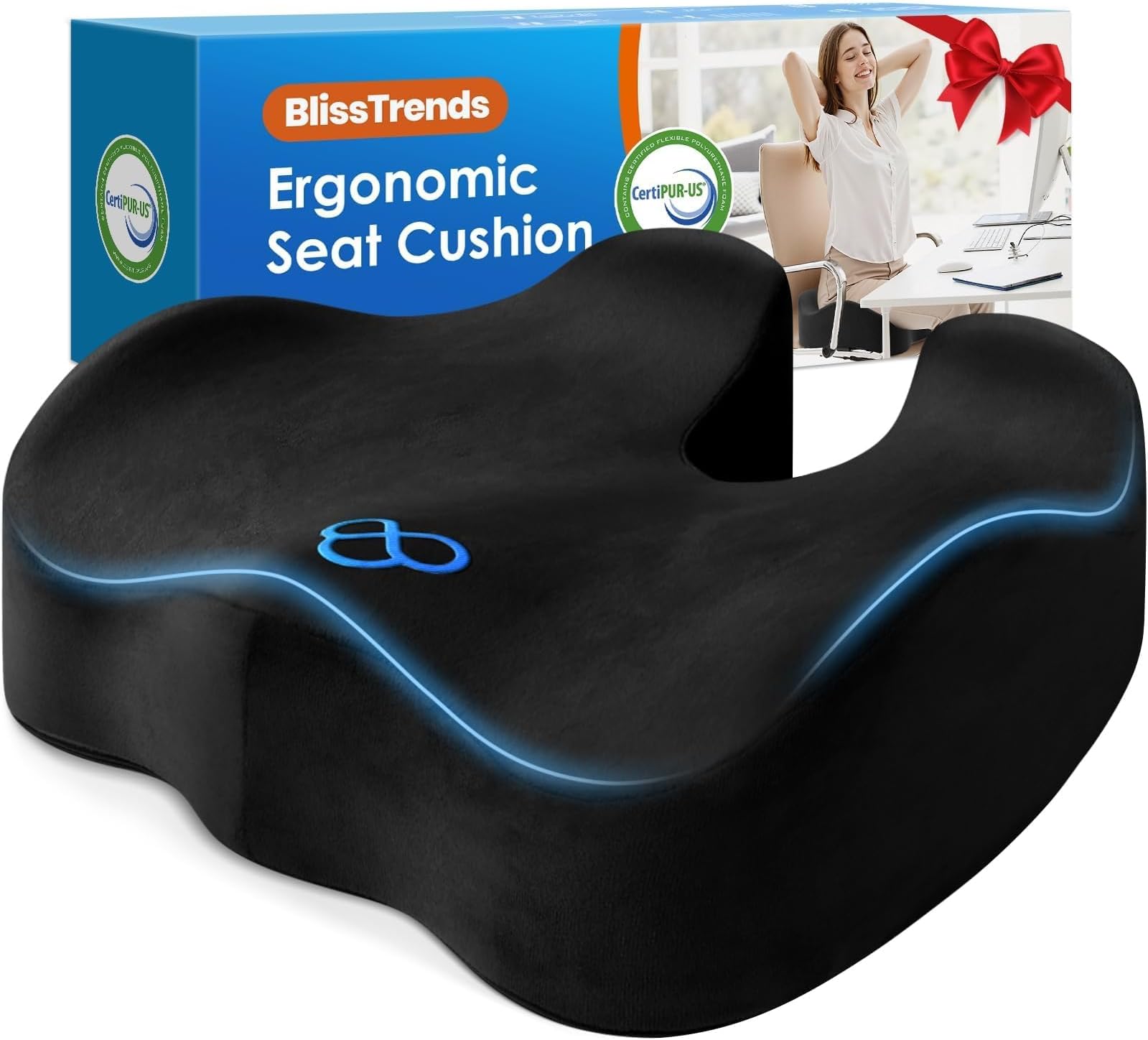 BlissTrends Thick Seat Cushion for Office Chair & Car Seat, XL, Black