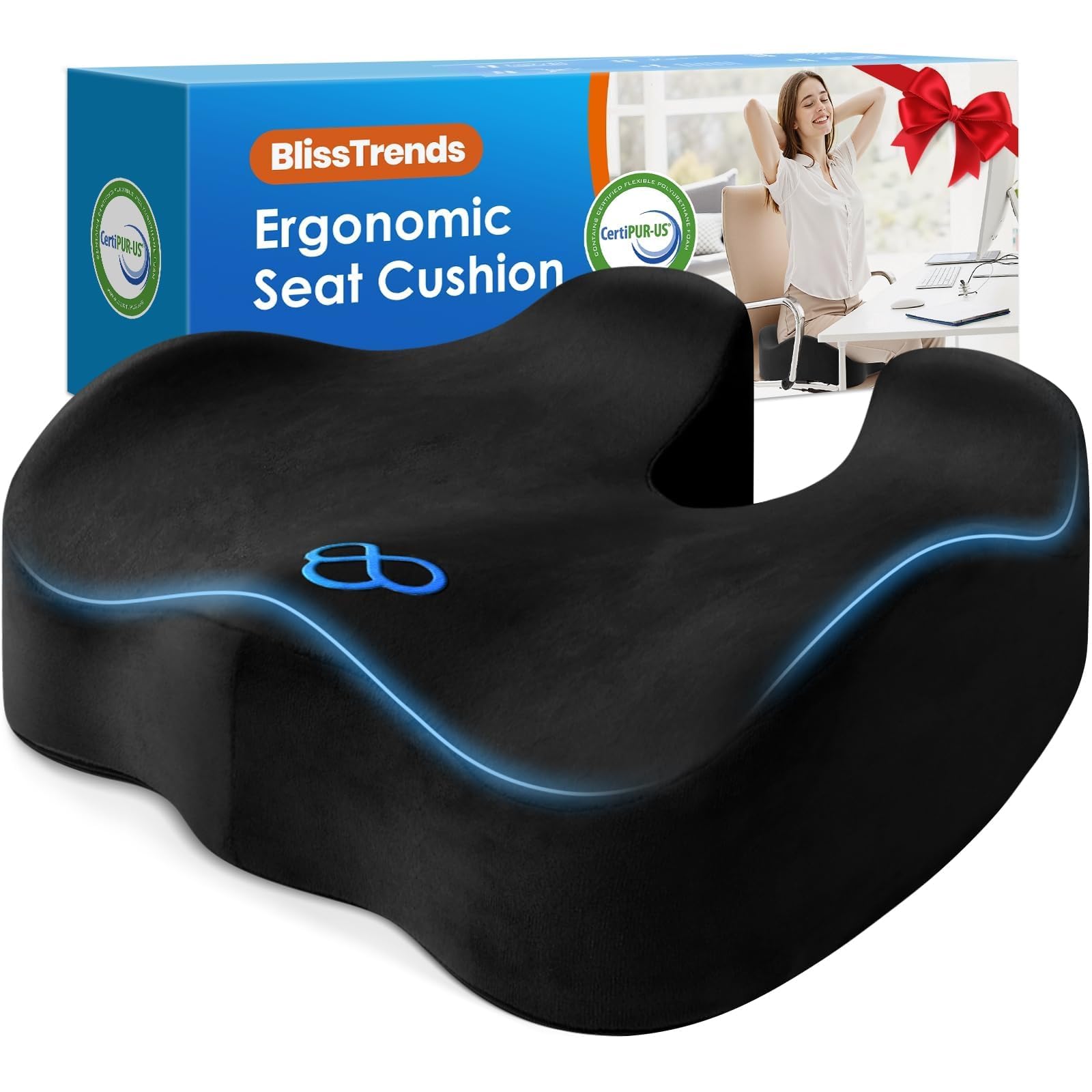 BlissTrends Thick Seat Cushion for Office Chair & Car Seat, XL, Black | Memory Foam with Removable Cover, Ergonomic Tailbone & Sciatica Support for Pressure Relief and Long Sitting, 3.9" Thick