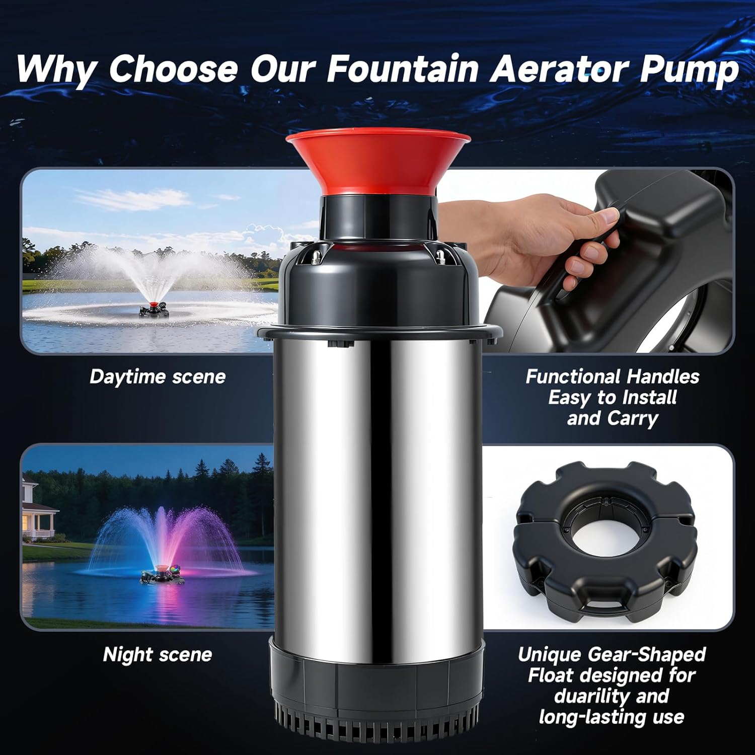 Pond Fountain Aerator with Lights, 1HP 110V 750W 15000 GPH Pond Fountain Pump, Floating Aerators for Outdoor Ponds, Lake, 100Ft Power Cord, 2 x 100Ft Traction Rope, Timer Switch Included
