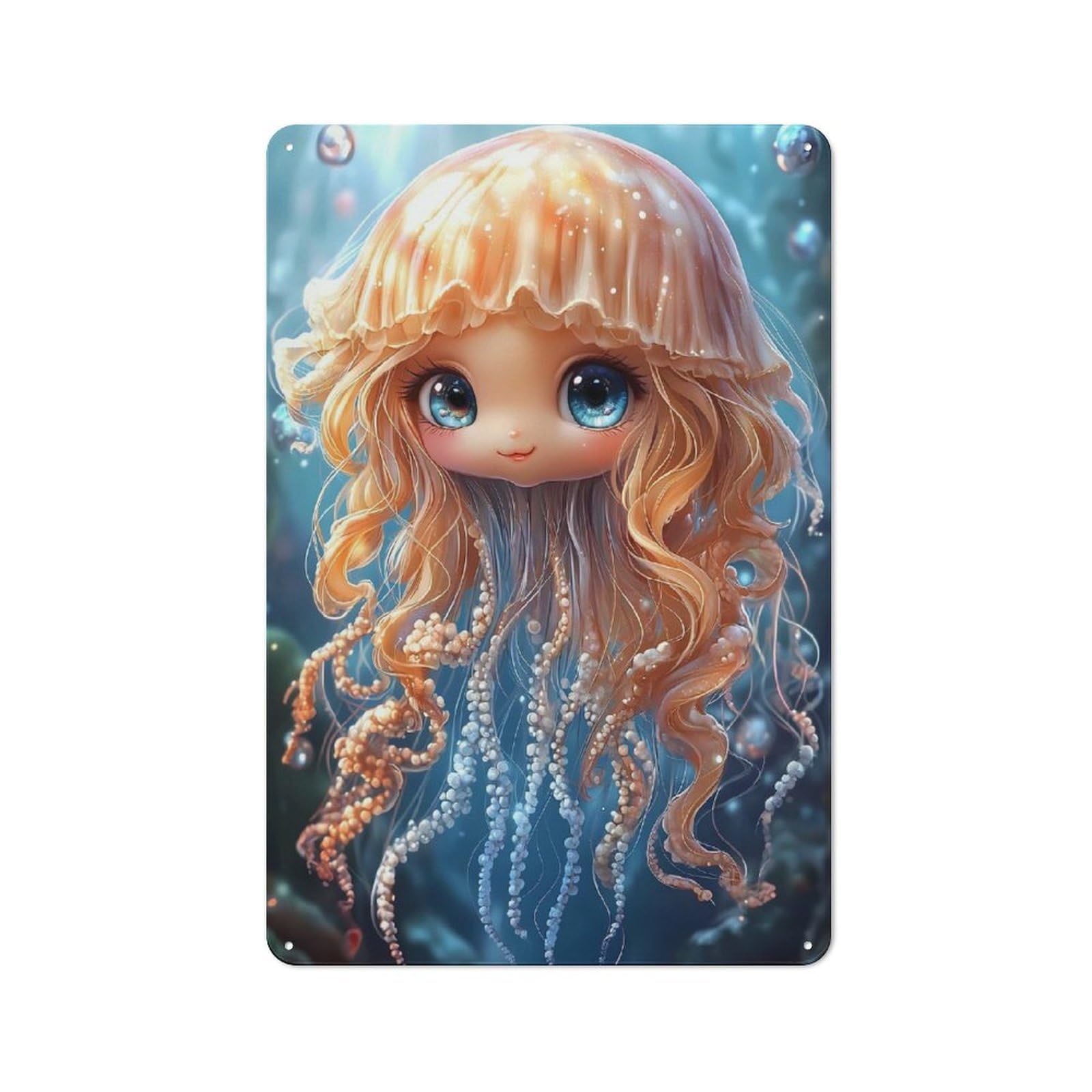 For Café Or Restaurant, Cute Jellyfish Girl Animal Rustic Metal Plaque 30x20cm, for Hospitality Interior Collectors Refreshing A Room in Autumn