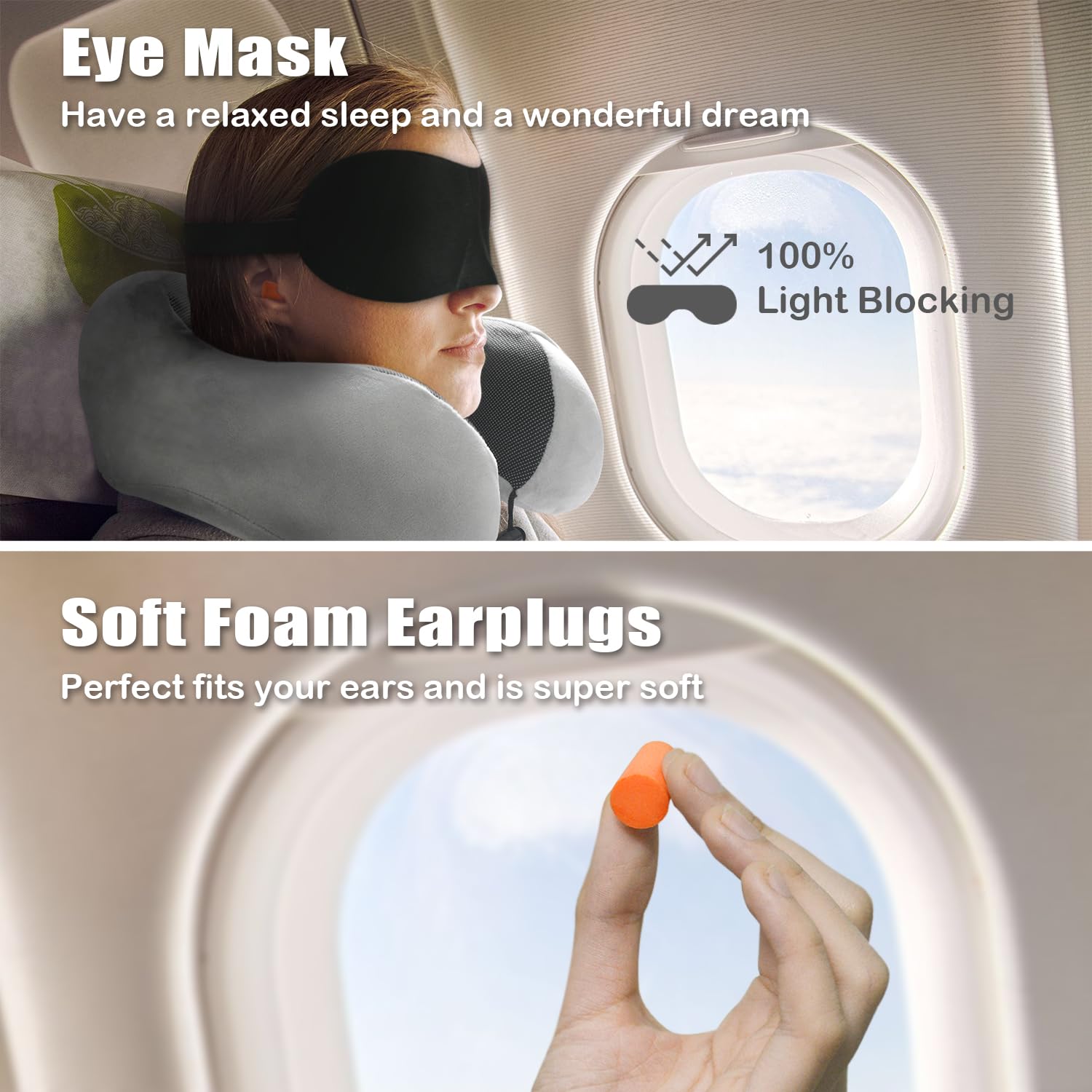 Cuscino da Viaggio, Cuscino Aereo Viaggio Memory Foam, Cuscino Cervicale da Viaggio Travel Neck Pillow con Maschera per Dormire e Tappi per le Orecchie per L'ufficio Dell'auto Dell'aereo - Grigio