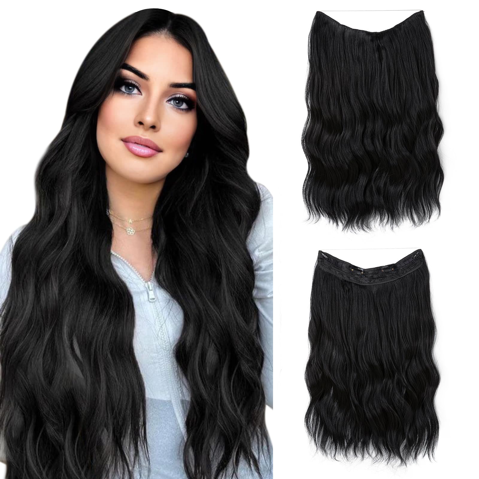 SARLA Invisible Wire Hair Extension with 3 Clips Synthetic Short Beach Wave Hairpiece Transparent Adjustable Headband for Women 16 Inch Jet Black