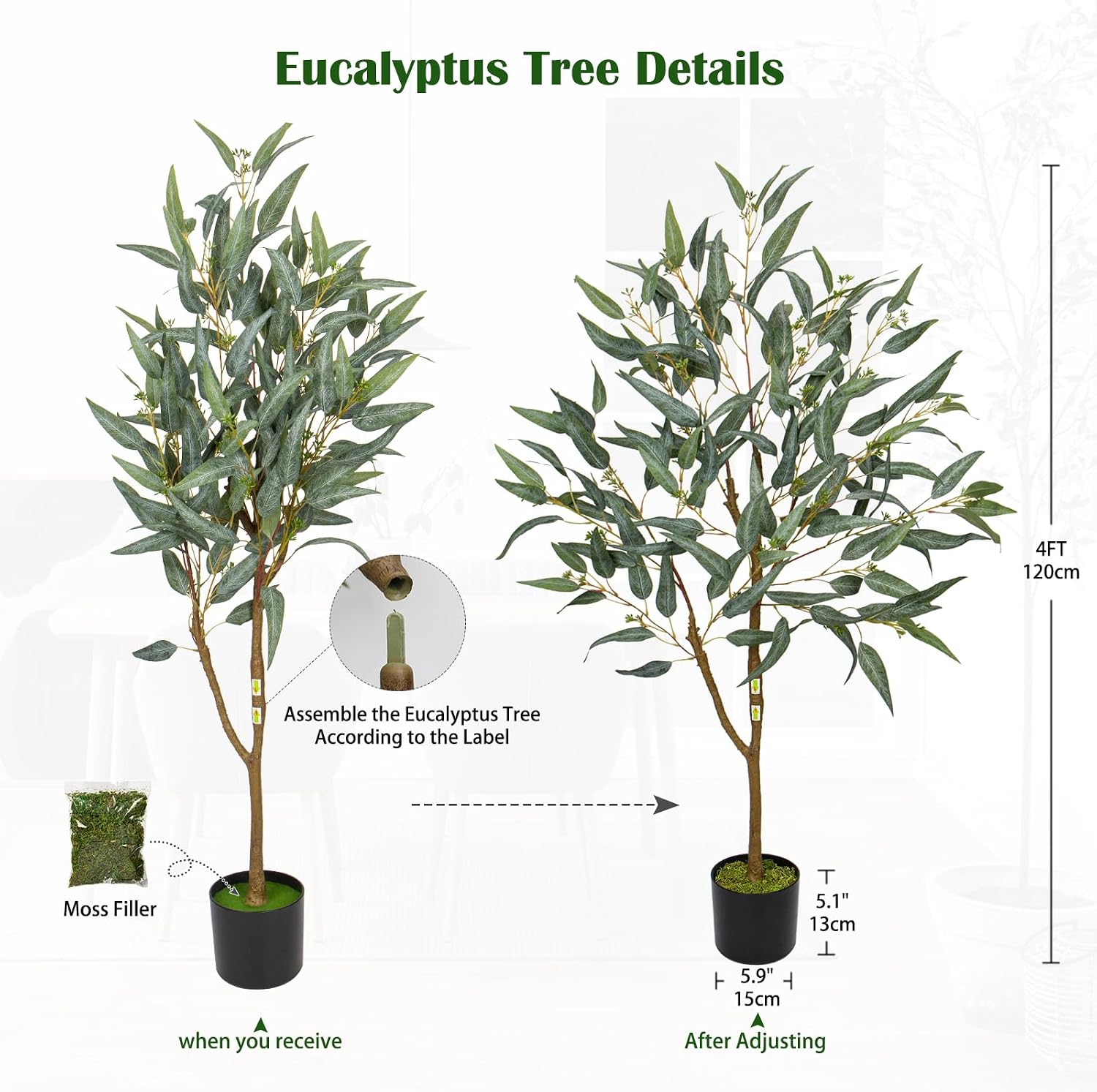 Briful 4ft Artificial Eucalyptus Tree in Black Pot, Realistic Silk Potted Floor Plant Eucalyptus Plant for Home Decor Indoor Outdoor Patio Office, Green Leaf