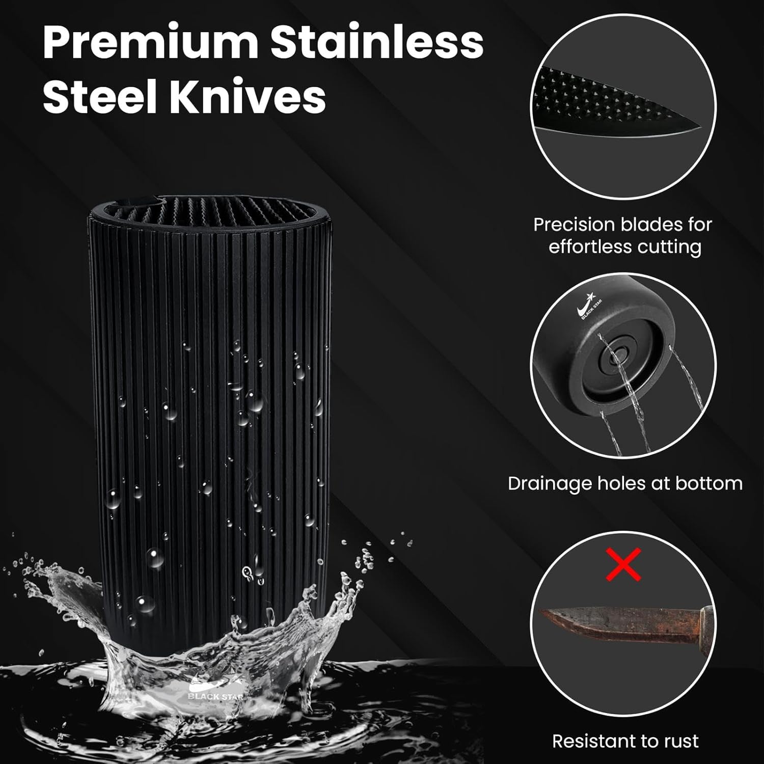 Knife Set, Black Star Kitchen Knife Set, Knives Set for Kitchen, Universal Knife Block, New Home Essentials, Utility Knife Block Set, Dishwasher Safe, Apartment Essentials - Image 3