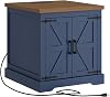 Farmhouse Nightstand with Charging Station, 24 Large End Table with Barn Door and Adjustable Storage Shelf, Square Navy Blue Nightstand, Rustic Bedside Table for Bedroom, Living Room