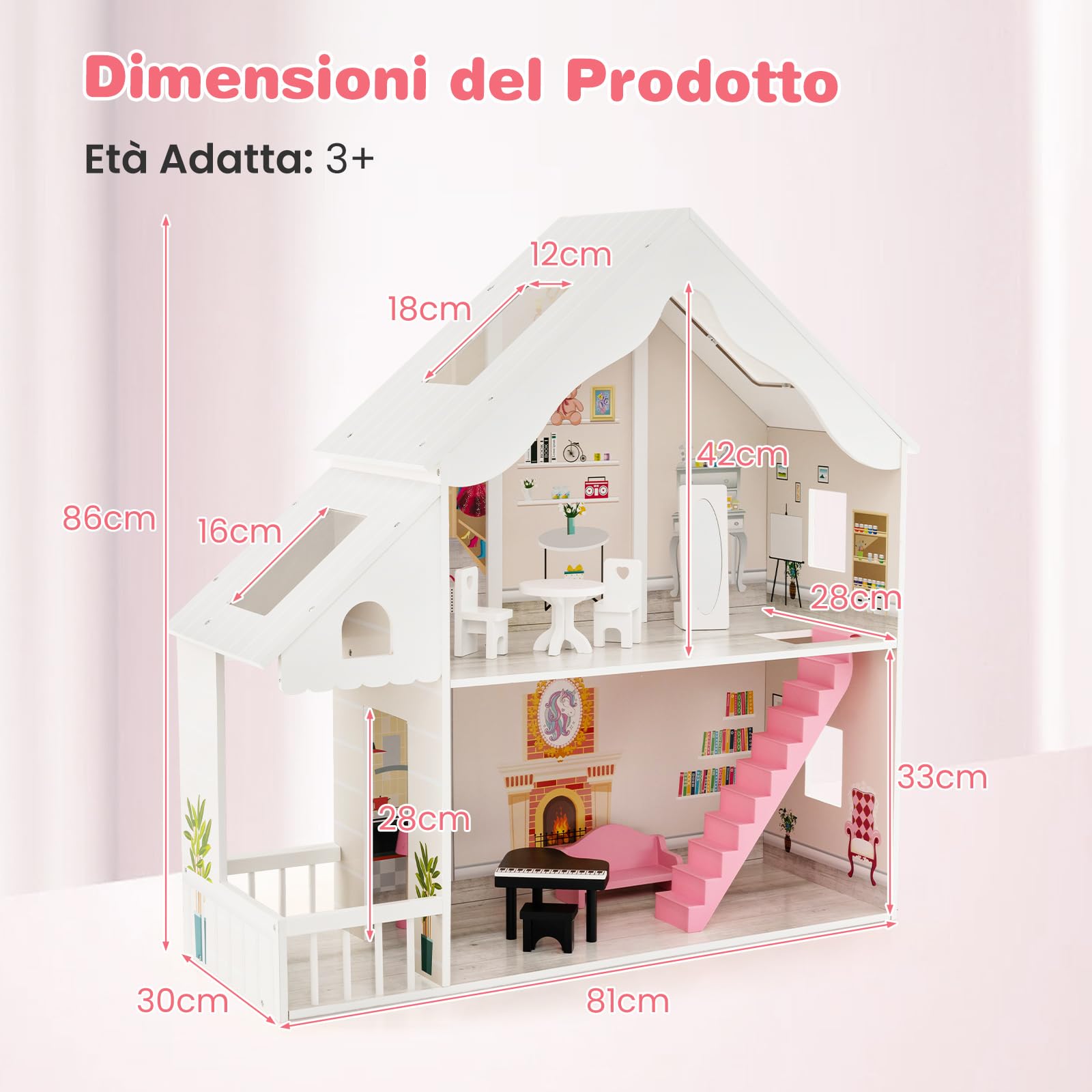 GYMAX Casa delle Bambole in Legno per Bambini, Villa a 2 Piani Semi-Aperta con Stanze e Set di Mobili, Portico e Lucernari, Ideale per Bambini dai 3 Anni +, 81 x 30 x 86 cm