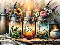 Fotasmua Faith Hope Love Wishing Bottle Cross Stitch Kit - 11CT Stamped for Beginners, Easy Embroidery Needlepoint Home Decor 12x16 Inch