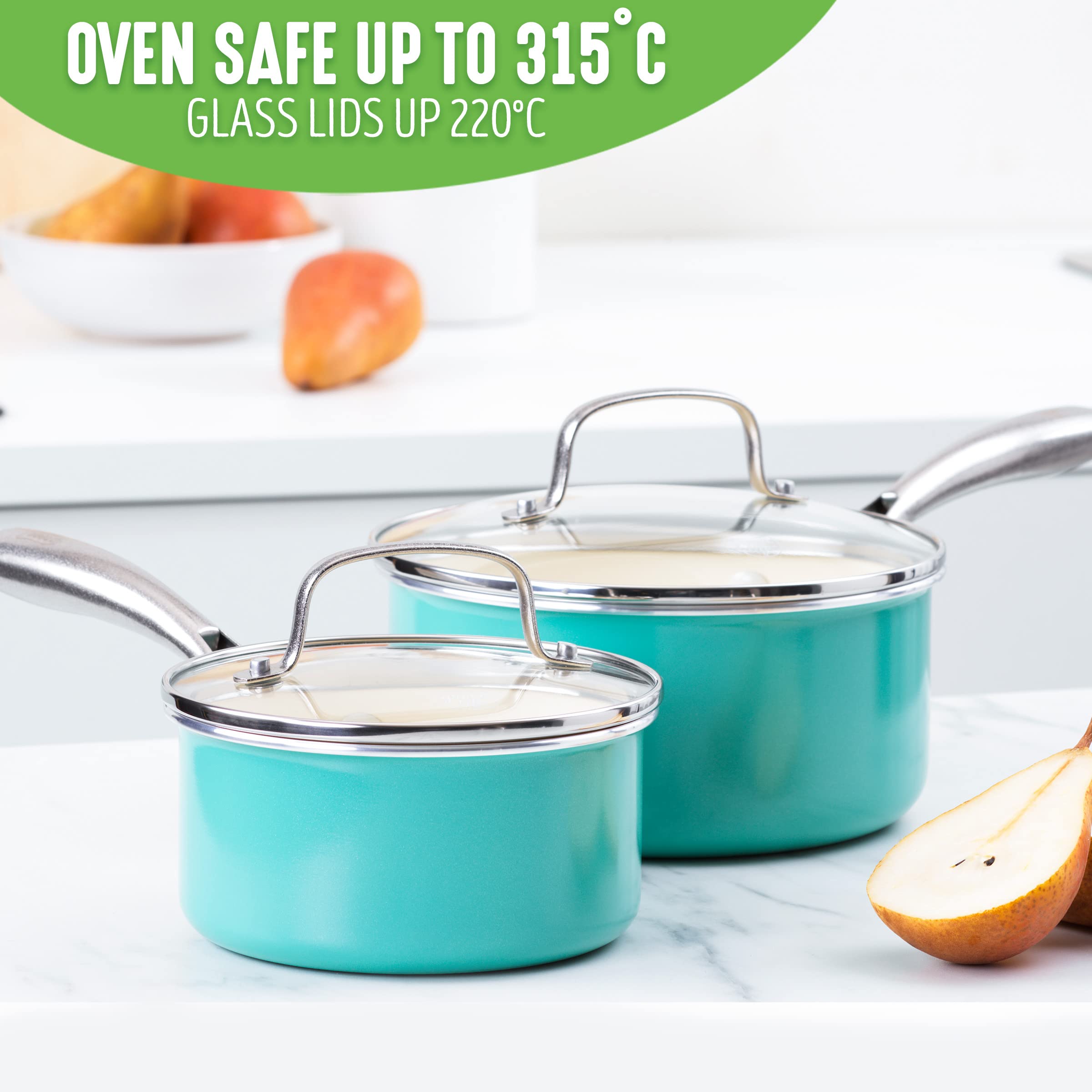 GreenLife Artizan Set di Pentole 12 pezzi in Ceramica Antiaderente Sana, Senza PFAS, Manico in Acciaio Inox, Adatta all'Induzione, Lavabile in Lavastoviglie, Sicuro al Forno, Giallo