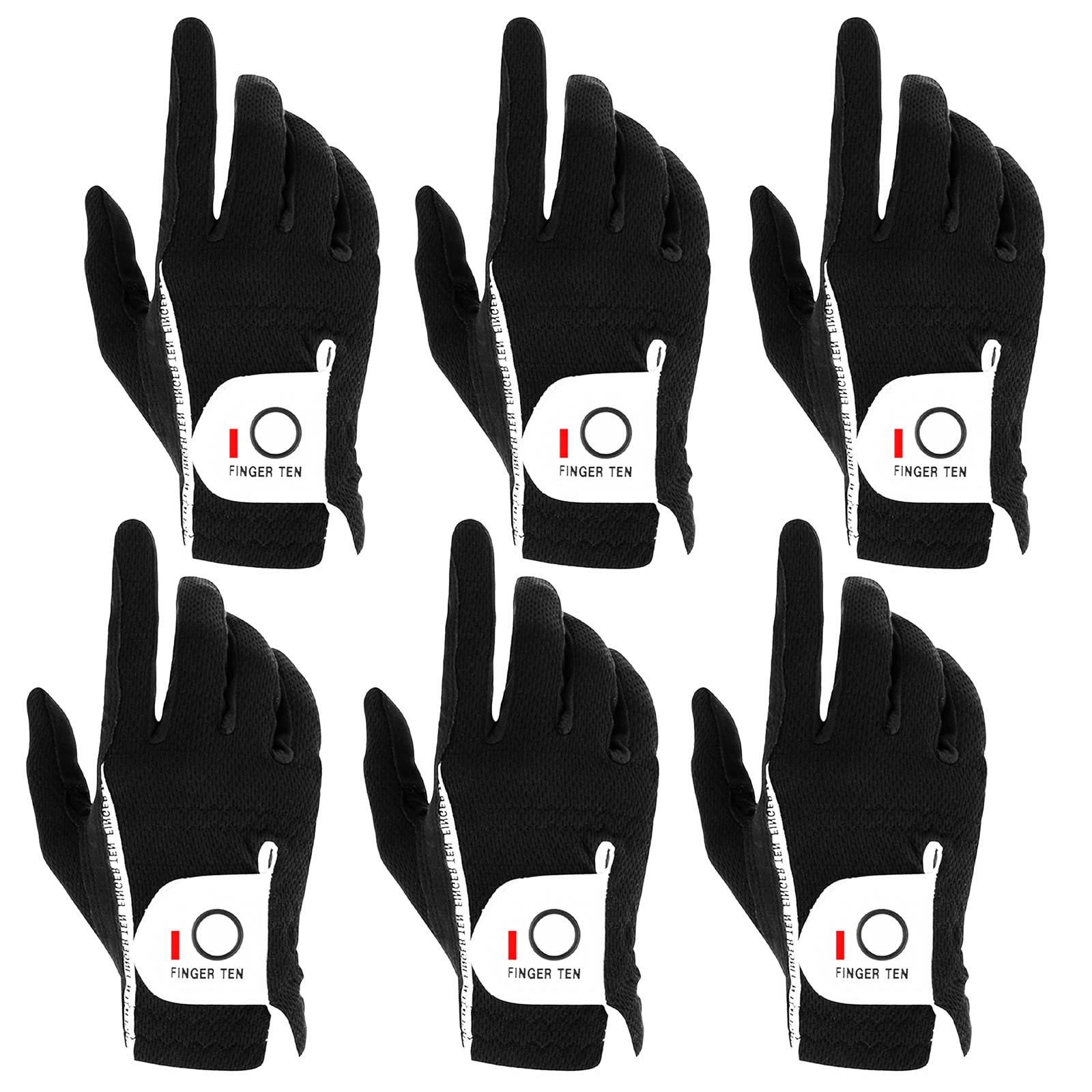 FINGER TEN Golf Gloves Men Right Left Handed Golfer Mens Glove RainGrip Hot Wet Weather Value 6 Pack, All Weather in Small Medium M/Large Large XL XXL
