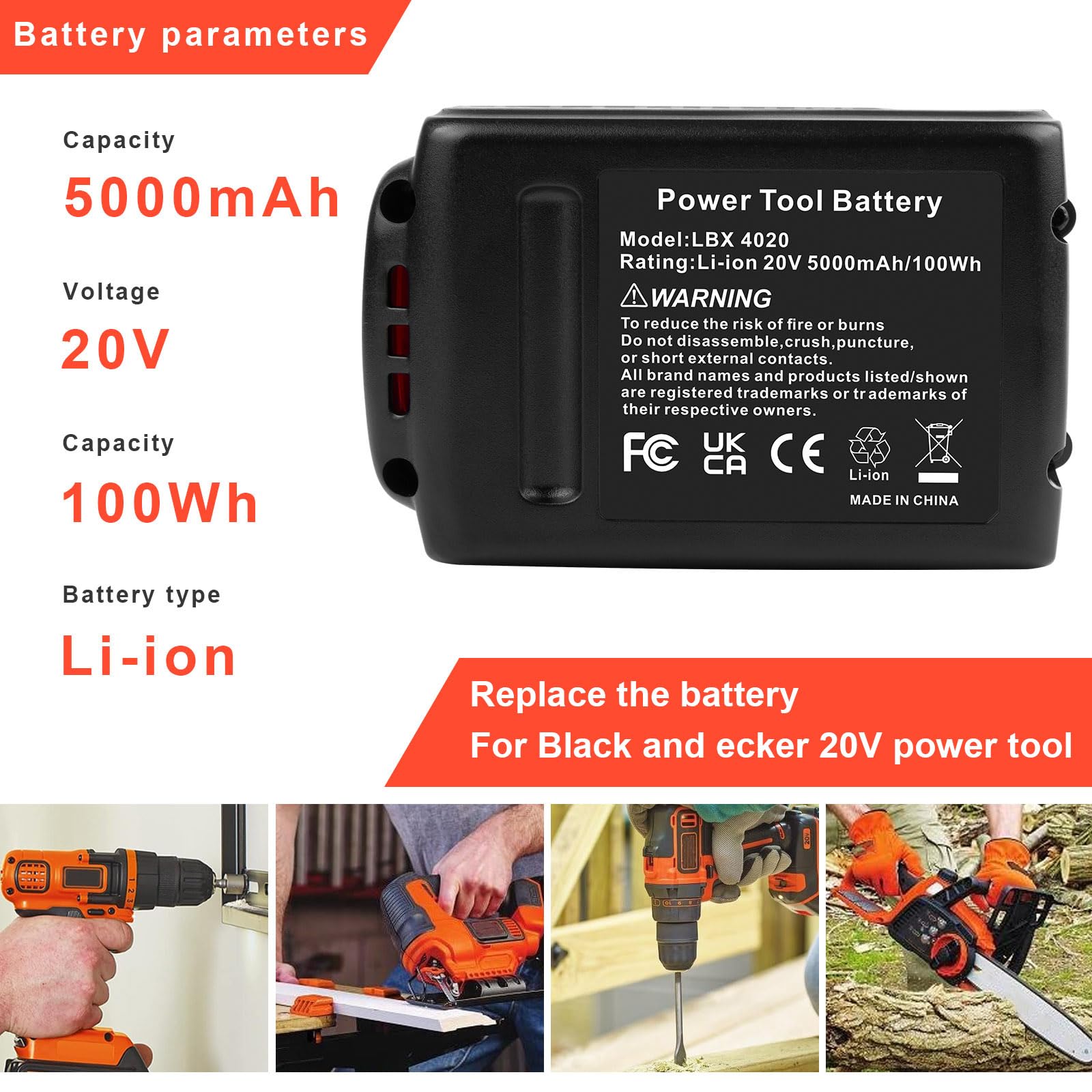Batteria BL2018-XJ da 18 V 5 Ah per utensili Black and Decker, 20 V MAX, sostituisce la batteria agli ioni di litio per Black + Decker LBXR20 LBXR20B LBXR20-OPE LBXR2020 LBXR4020