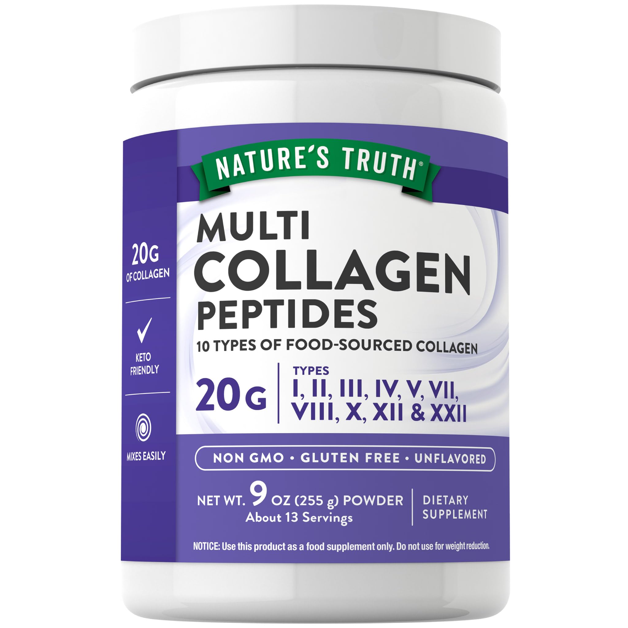 Polvere proteica multi collagene | Tipi I, II, II, V e X | Collagene idrolizzato di bovini, pesci, pollo e guscio d'uovo | Nature's Truth | 10 tipi di collagene | Non aromatizzato | Integratore Keto Friendly, non OGM e senza glutine