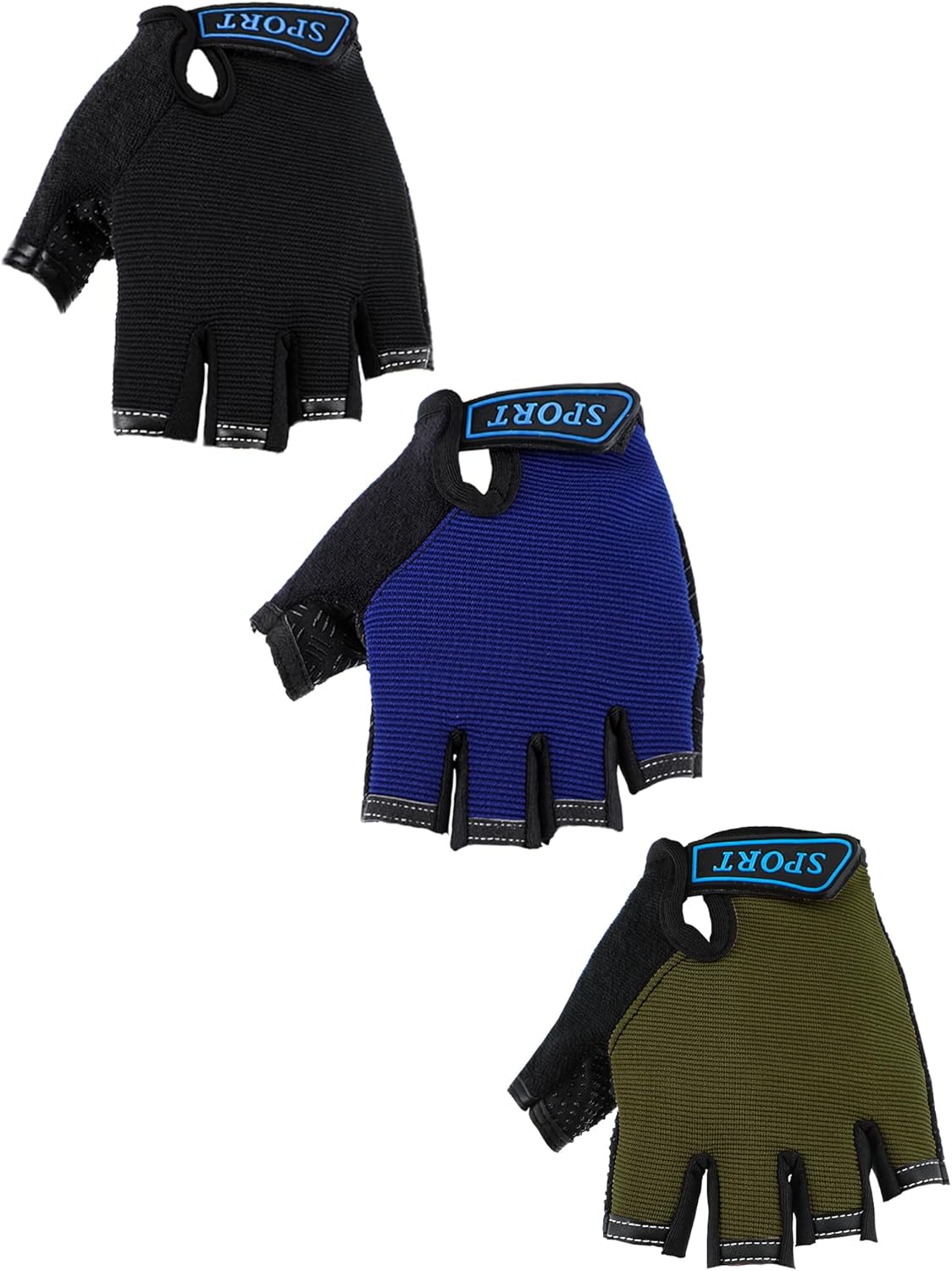 Boao 3 Pairs Kids Bike Gloves for Ages 4-10, Half Finger Non-Slip Breathable Adjustable Workout Gloves for Boys Girls Cycling