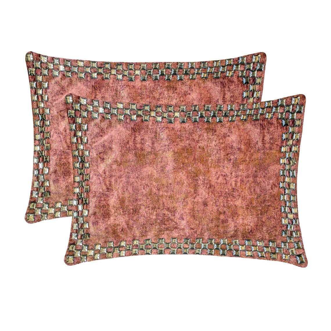 The HomeCentric Juego de 2 Decorativo Óxido Funda de cojín lumbar 30x45 cm Terciopelo Funda de Cojín Textura en lámina dorada, Bordado con cristales, Abstracto Funda de almohada oblonga - Crystal Rust